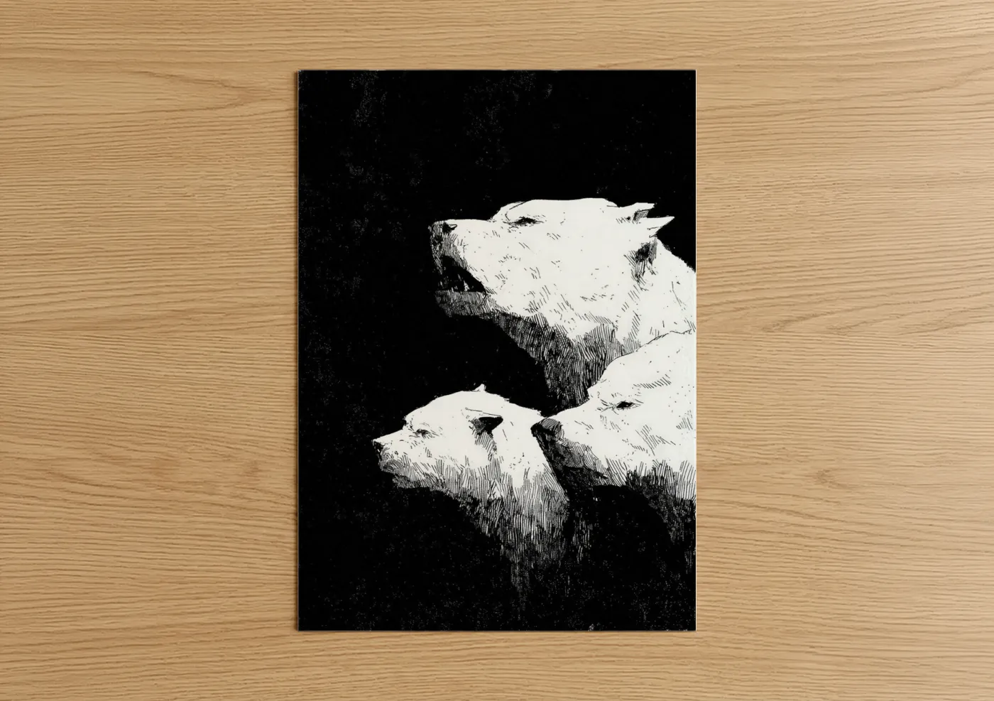 Art print on warm oak wood — black and white palette — Guardian Cerberus poster