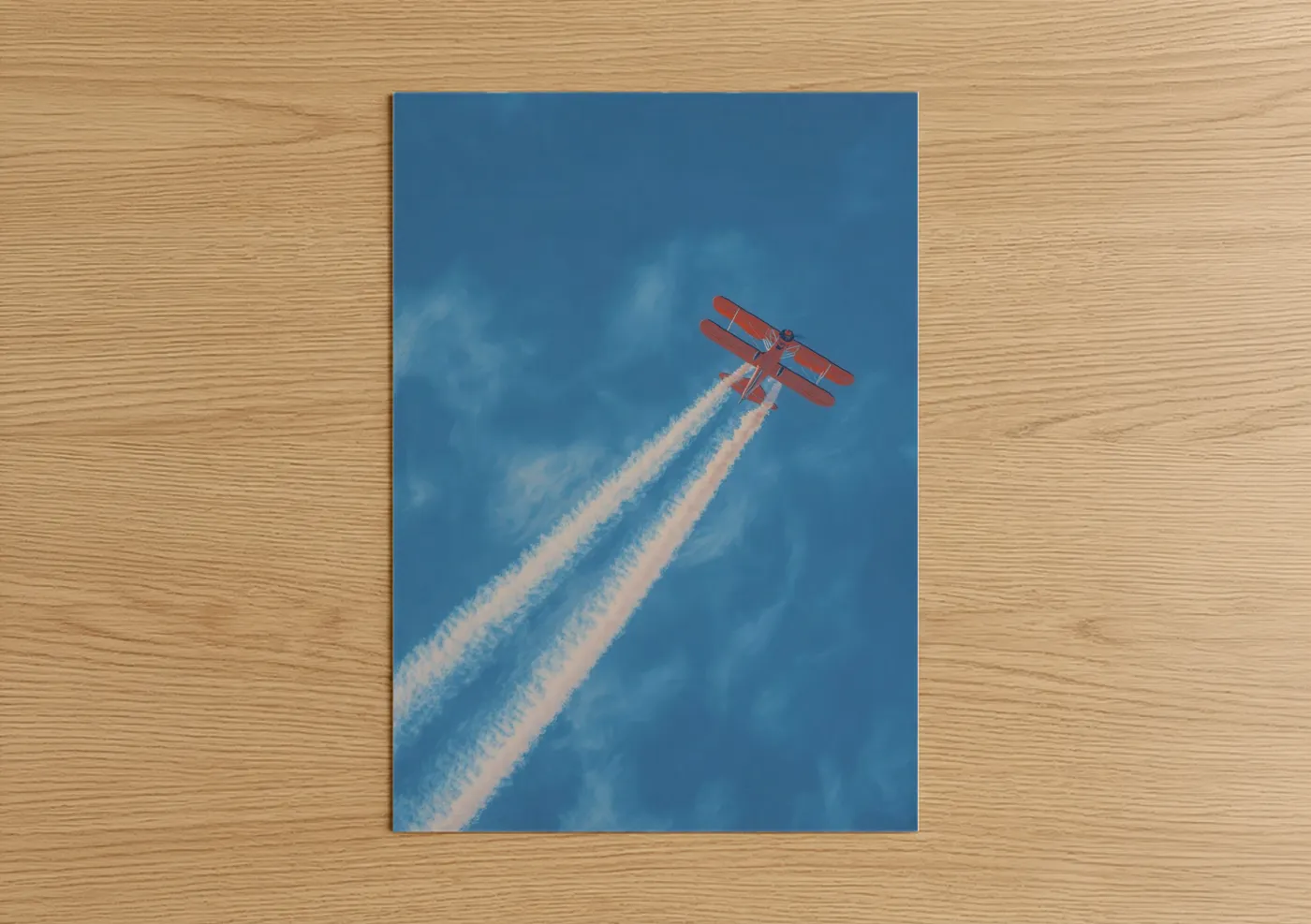 Propeller plane art print on warm oak wood — blue and red palette — Crimson Sky Acrobat poster