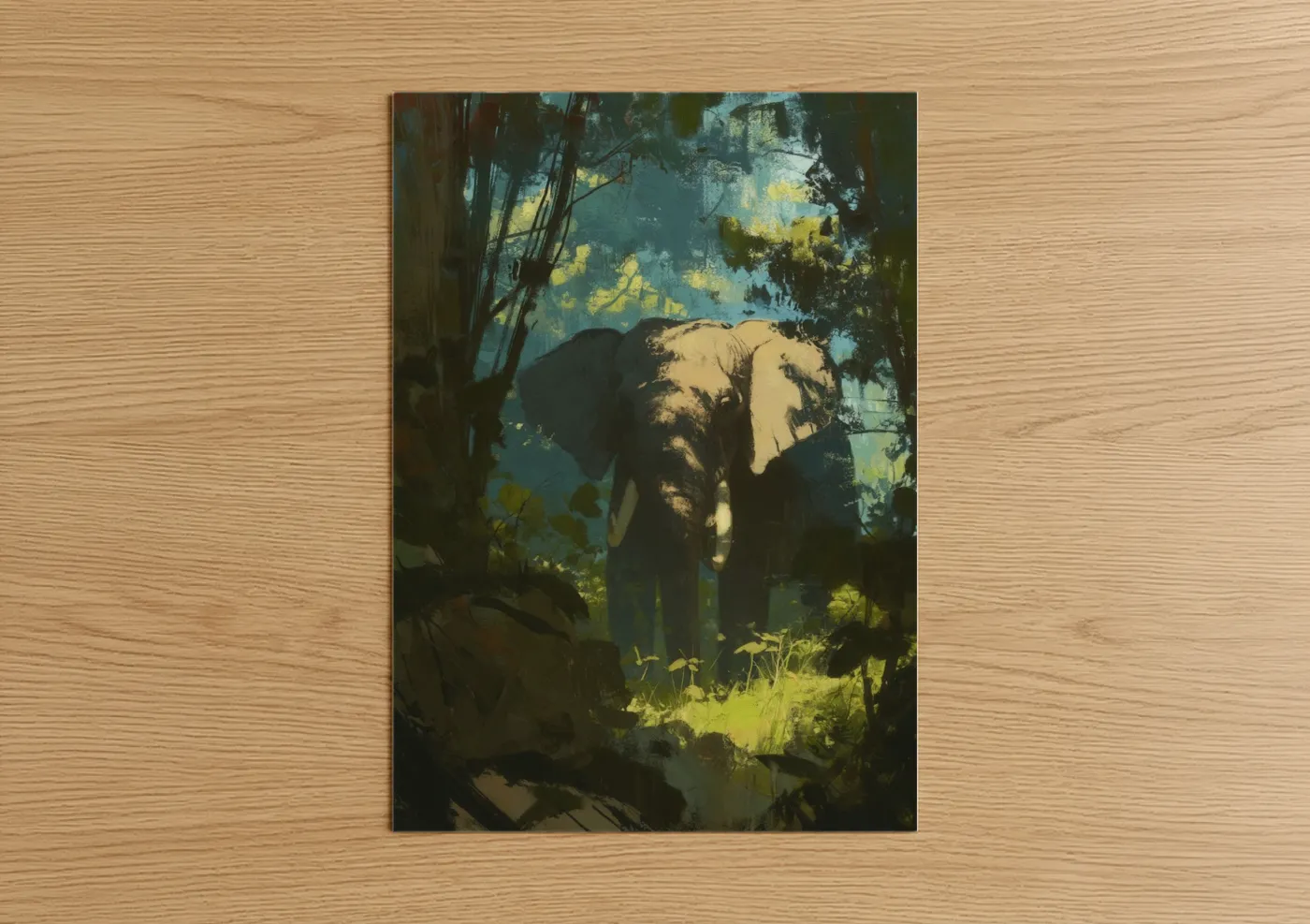 Asian elephant art print on warm oak wood — teal and yellow gold palette — Jungle Elephant poster