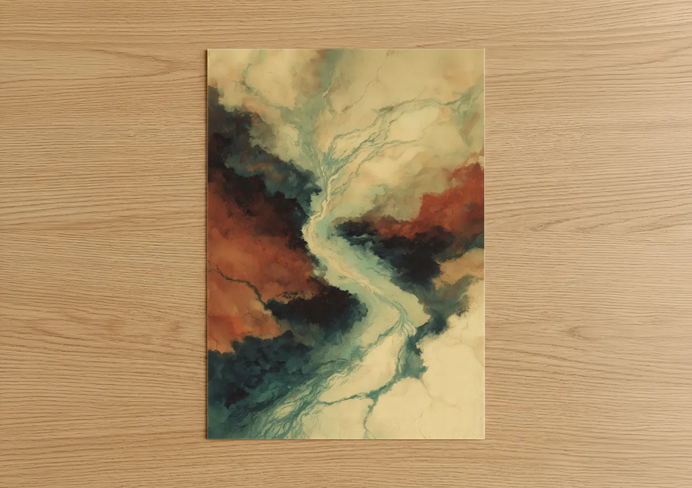 Art print on warm oak wood — russet and gray and white palette — Crimson Glacier Flow poster