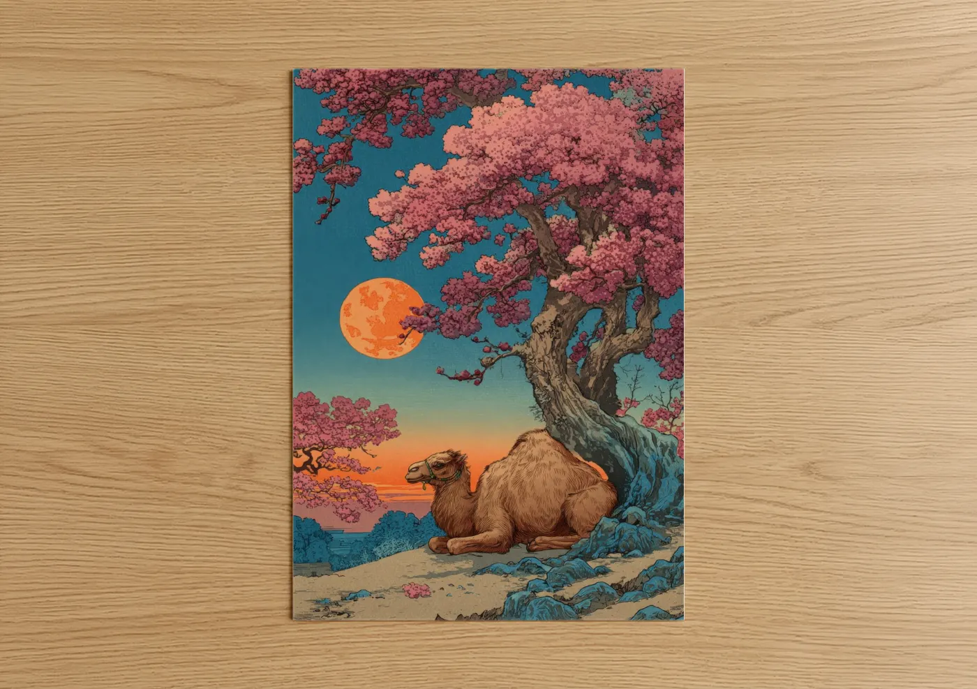 Desert Camel Cherry Blossom Sunset Wall Art