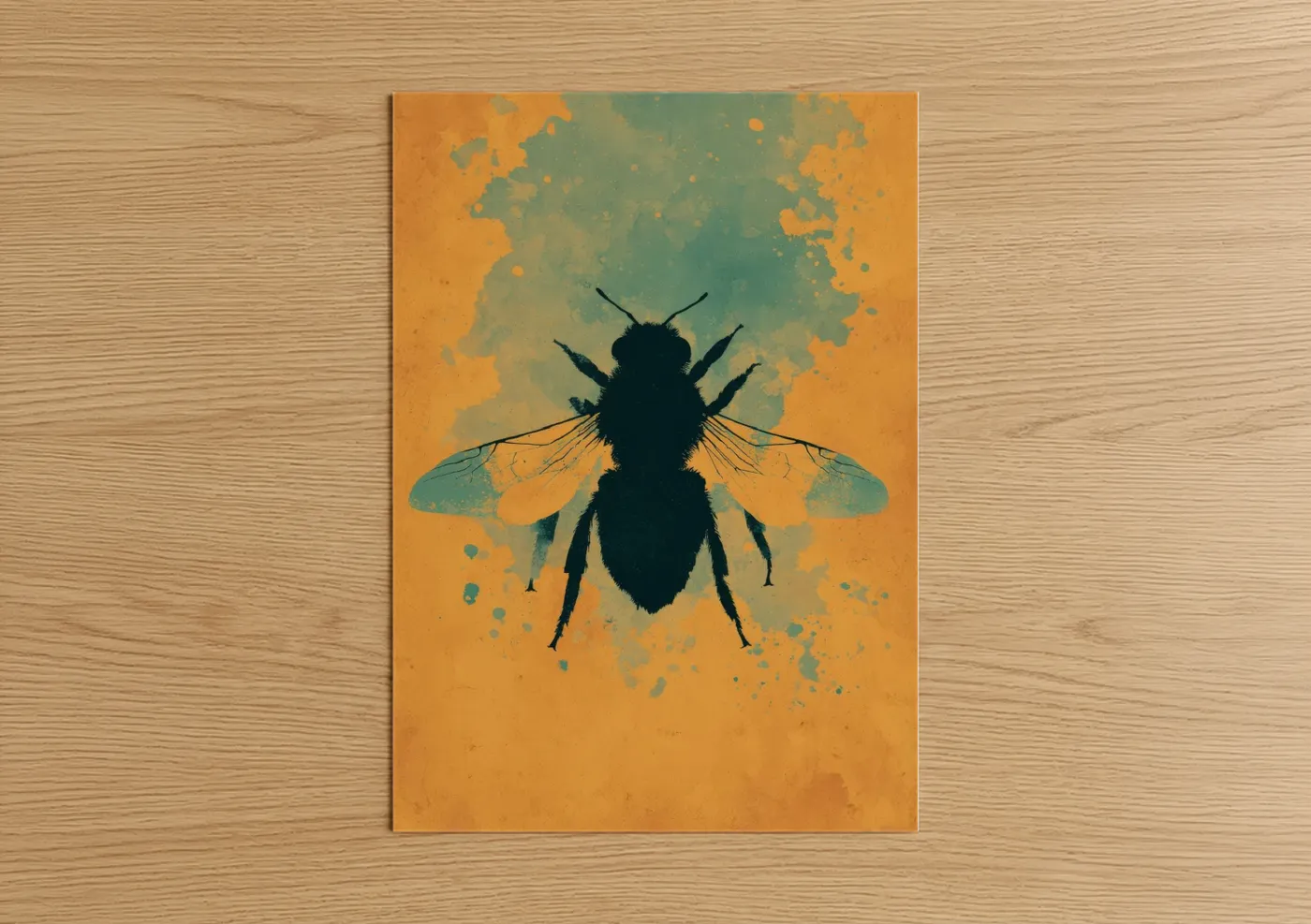Art print on warm oak wood — gold and teal palette — Golden Bee Silhouette poster
