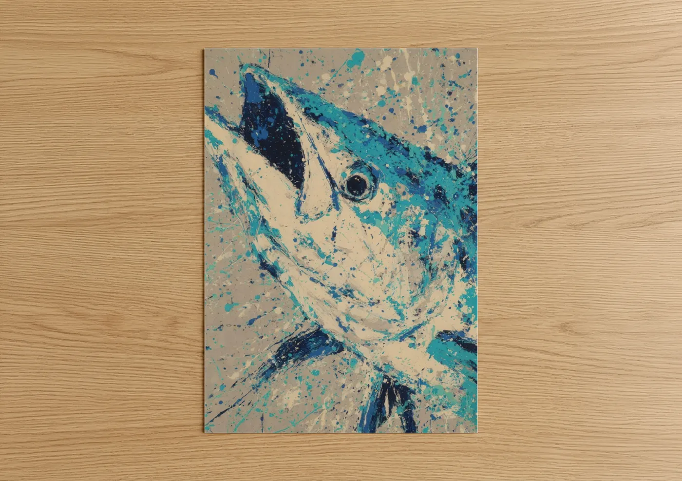 Art print on warm oak wood — turquoise and blue palette — Turquoise Tarpon poster