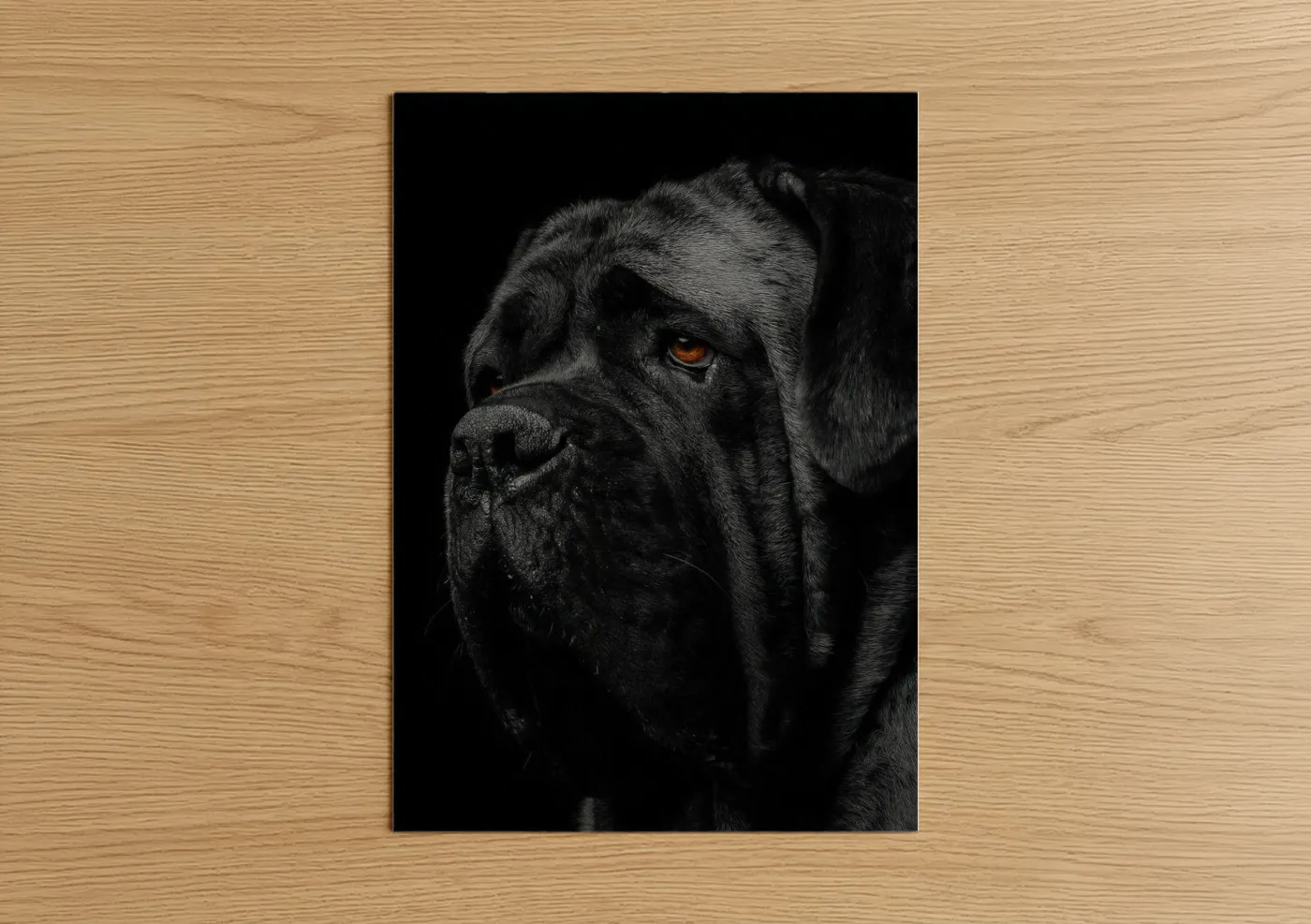 Art print on warm oak wood — black and white palette — Amber-Eyed Mastiff poster