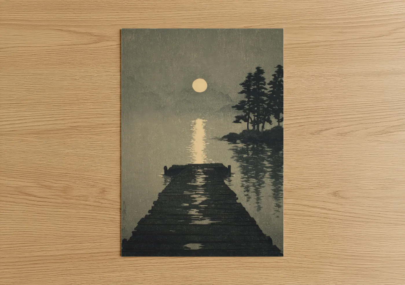 Moonlit Dock Lake Reflection Vintage Wall Art