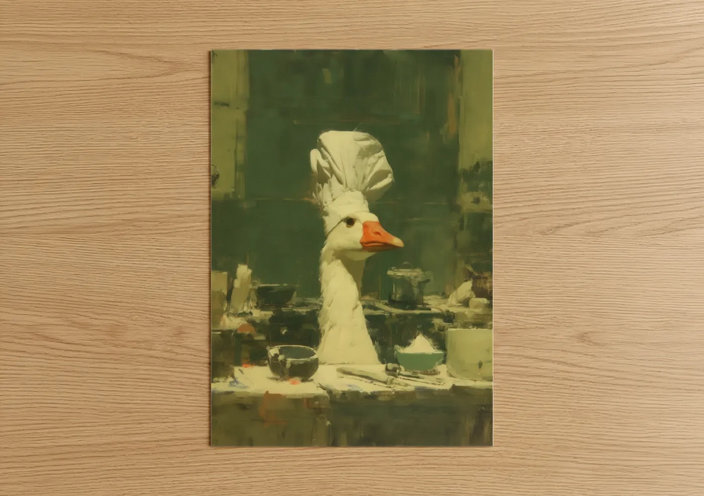Geese art print on warm oak wood — sage green and cream palette — Chef Goose poster
