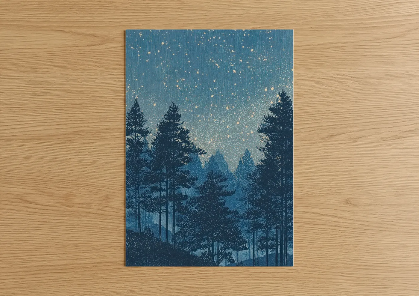 Art print on warm oak wood — blue and gold palette — Starlit Forest poster