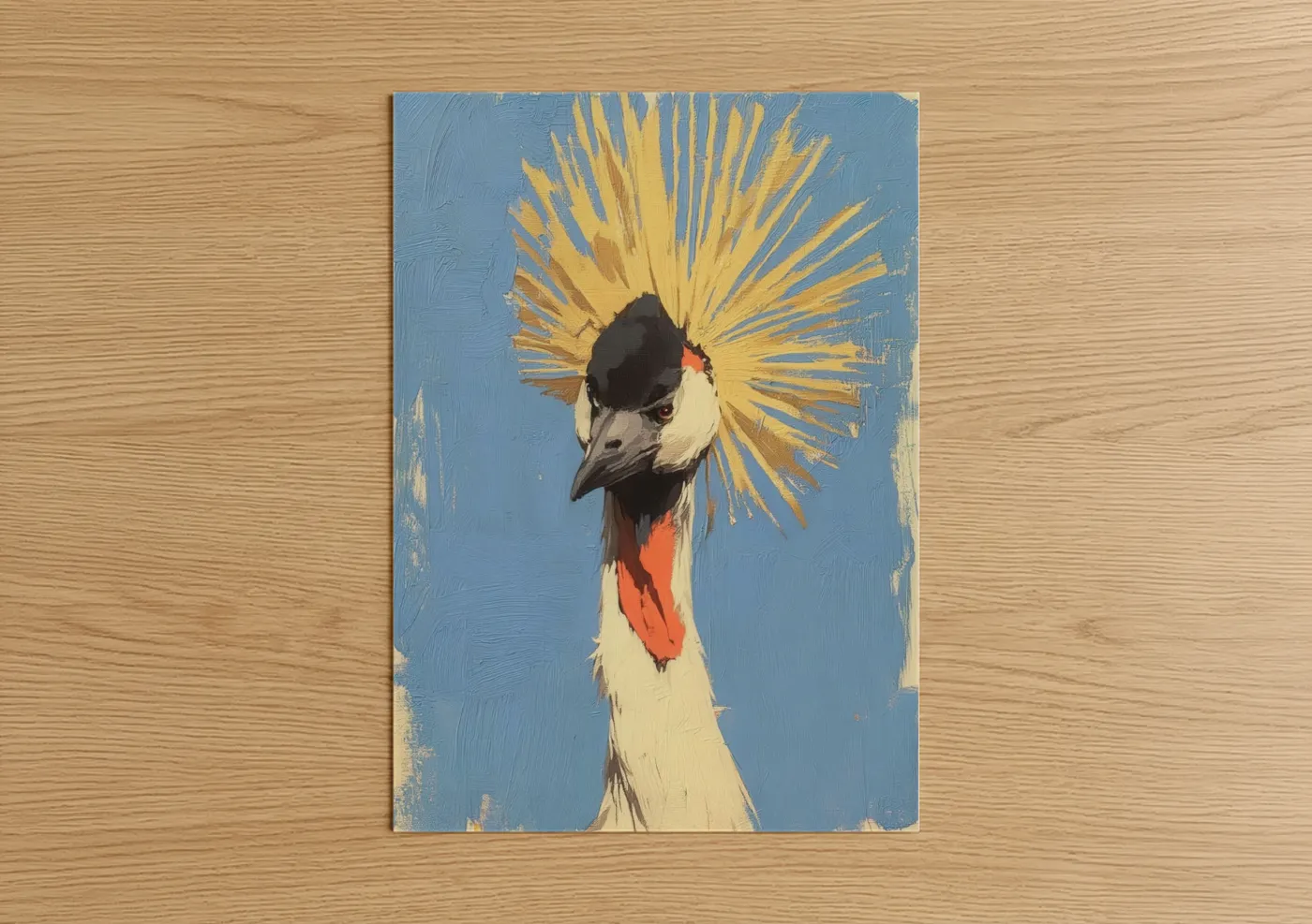 Art print on warm oak wood — blue and yellow gold palette — Golden Crowned Crane poster