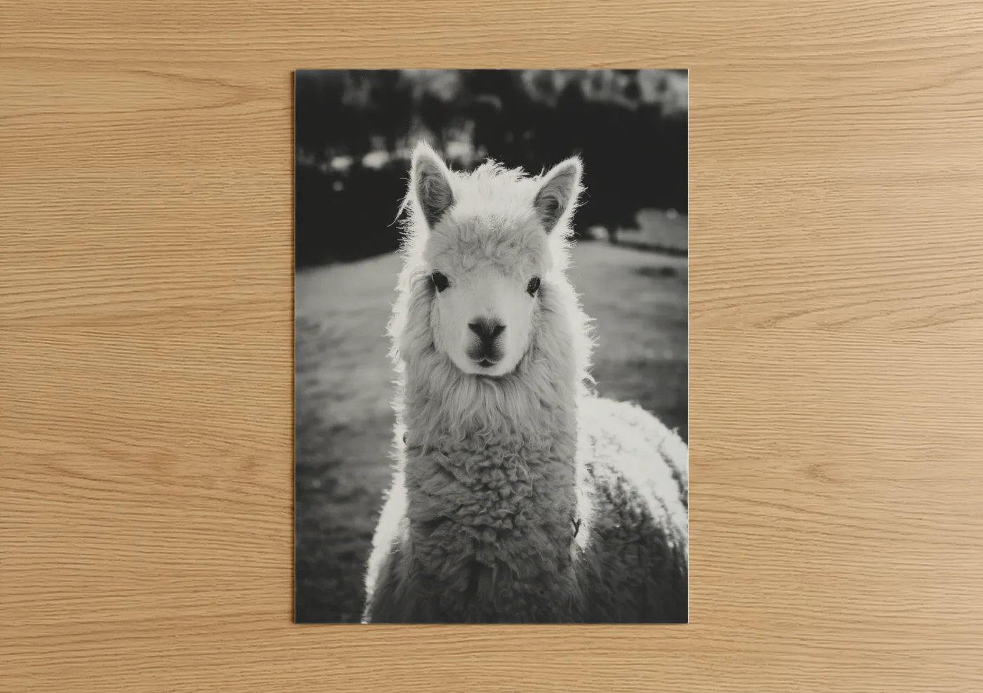 Art print on warm oak wood — black and white palette — Curious Alpaca poster