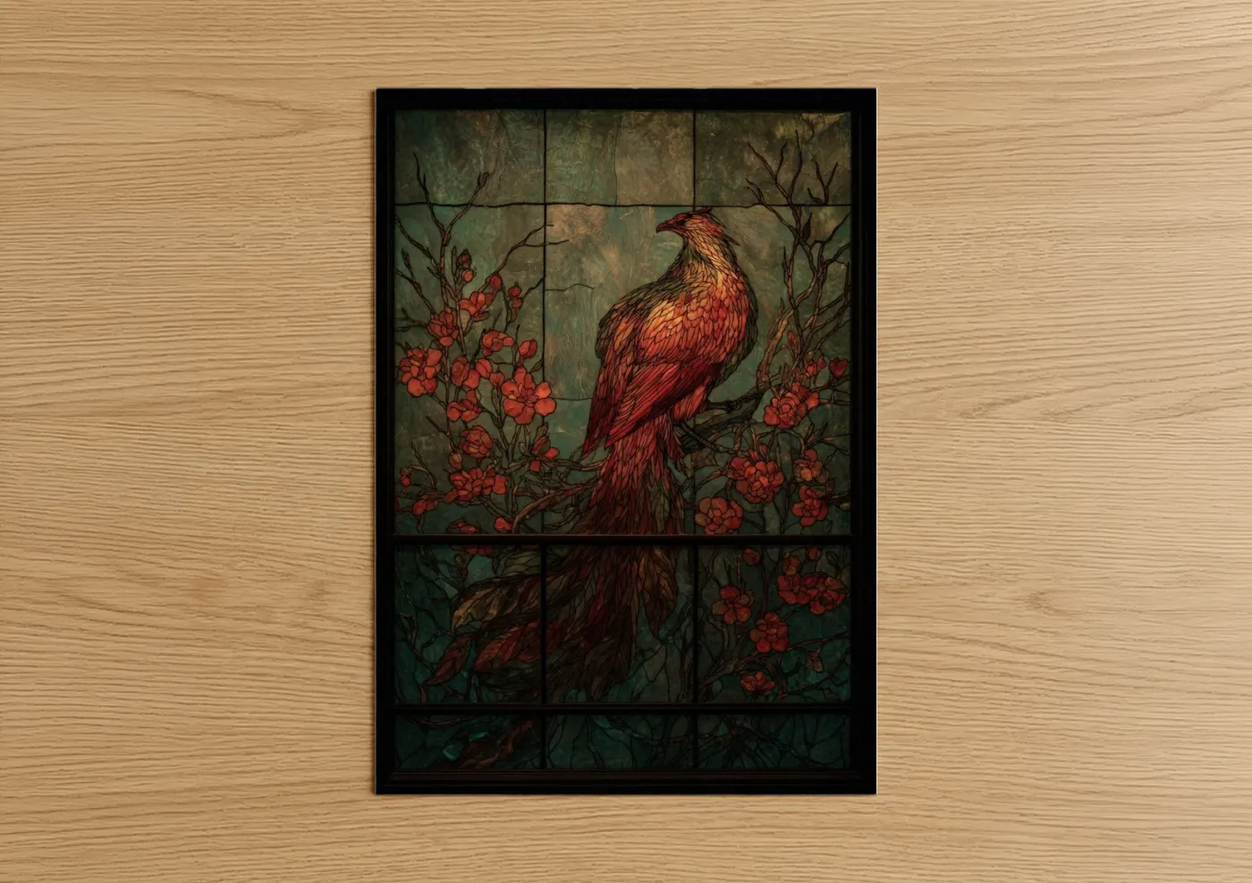 Art print on warm oak wood — red and dark green palette — Crimson Phoenix poster