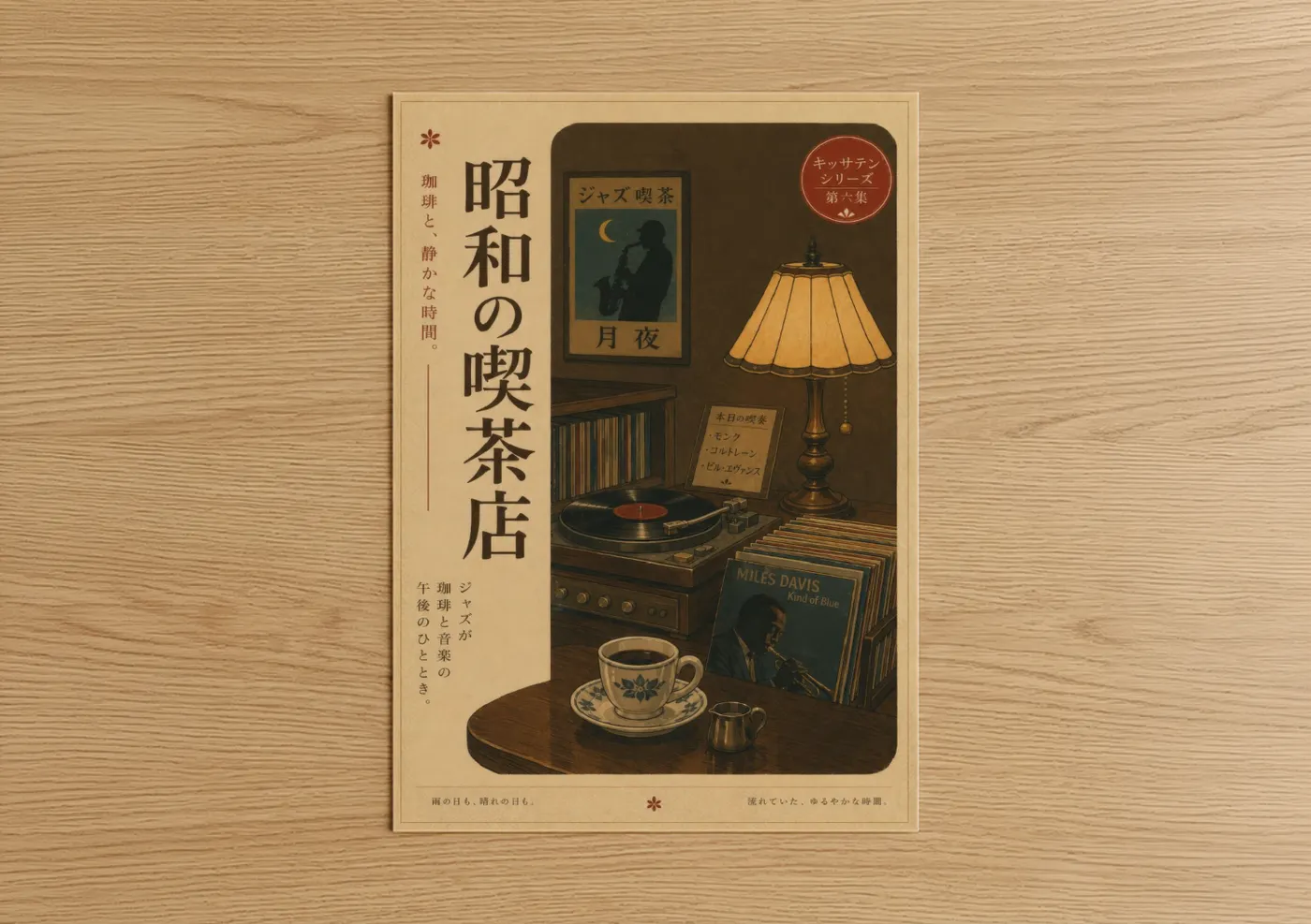 Coffee art print on warm oak wood — beige and espresso palette — Vintage Japanese Jazz Cafe Wall Art poster