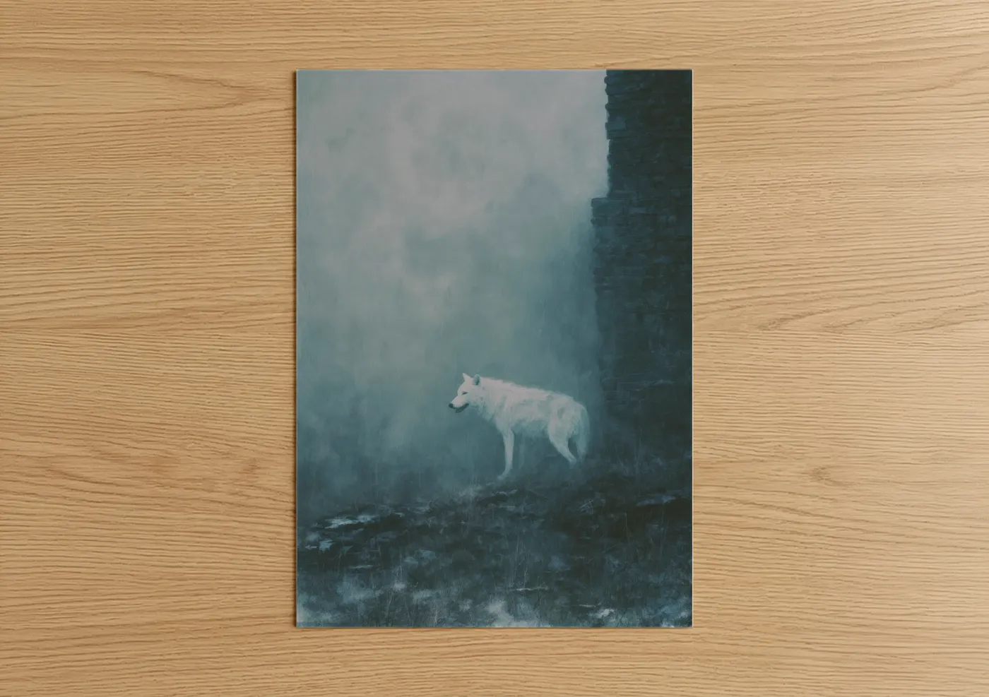 Art print on warm oak wood — gray and blue and gray palette — Misty Wolf Ruins poster