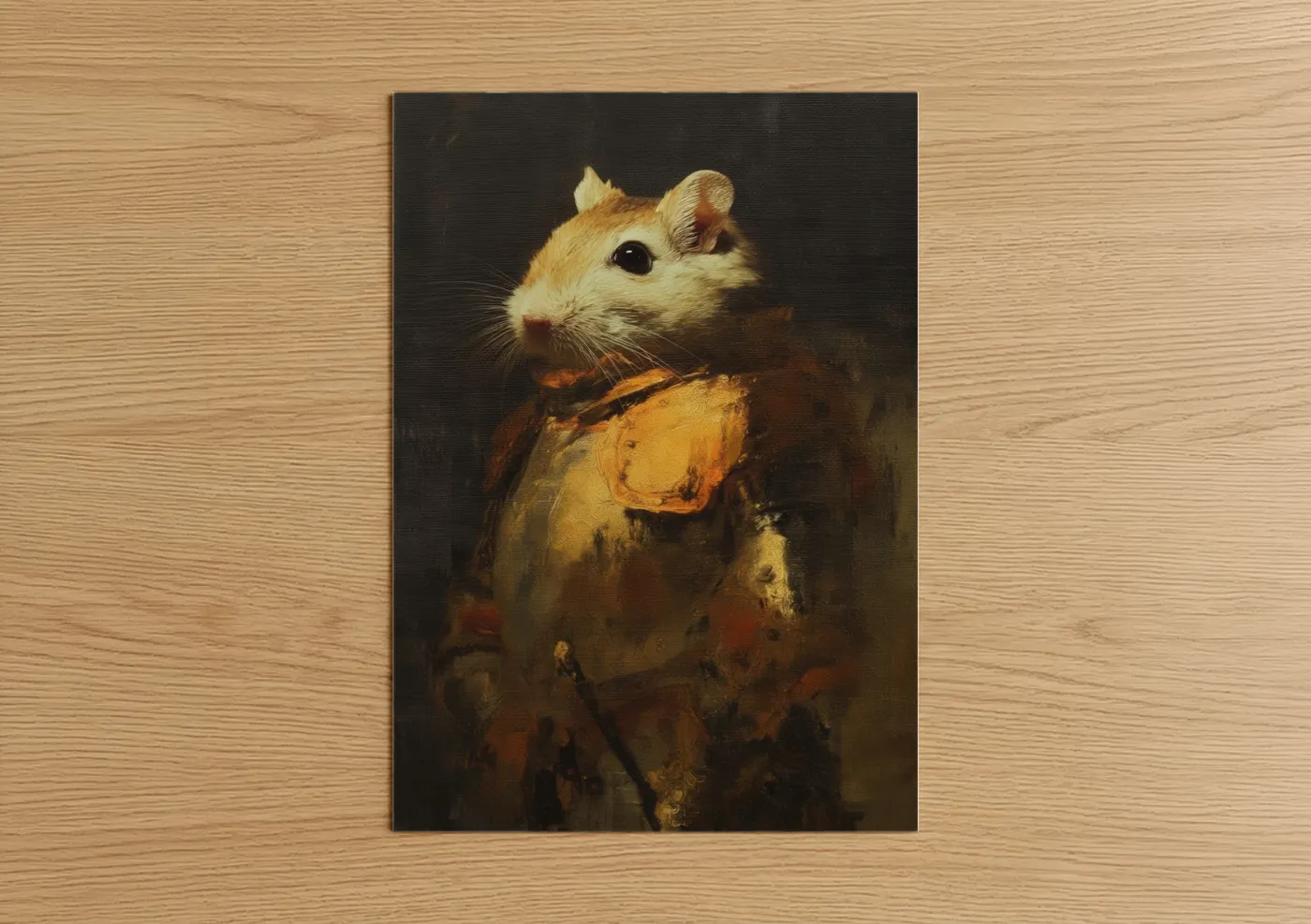 Art print on warm oak wood — gold and brown palette — Noble Gerbil poster
