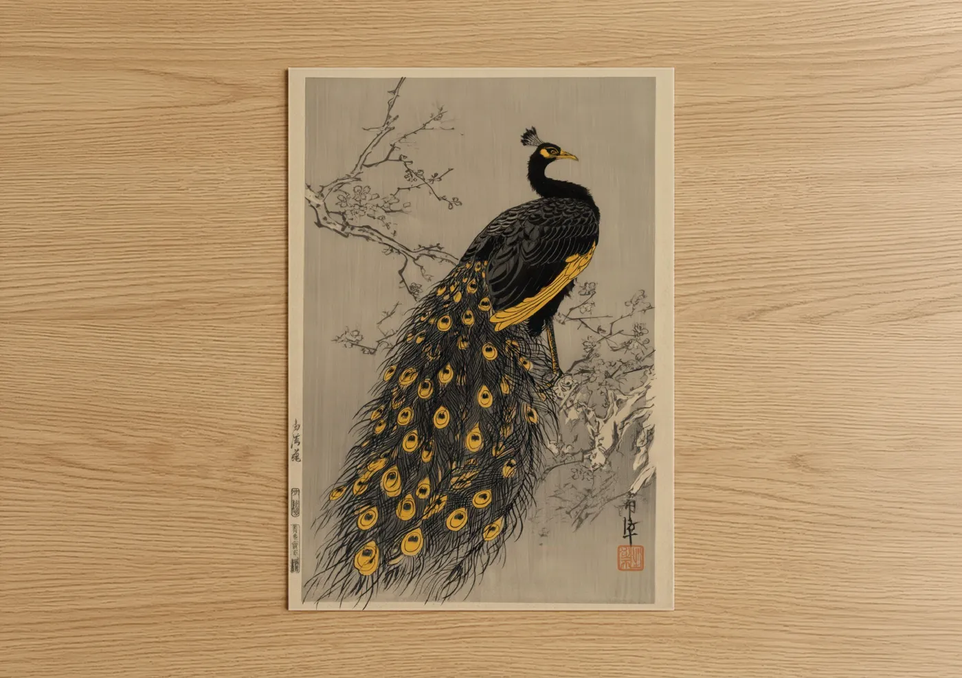 Art print on warm oak wood — black and gold and white palette — Golden Peacock poster