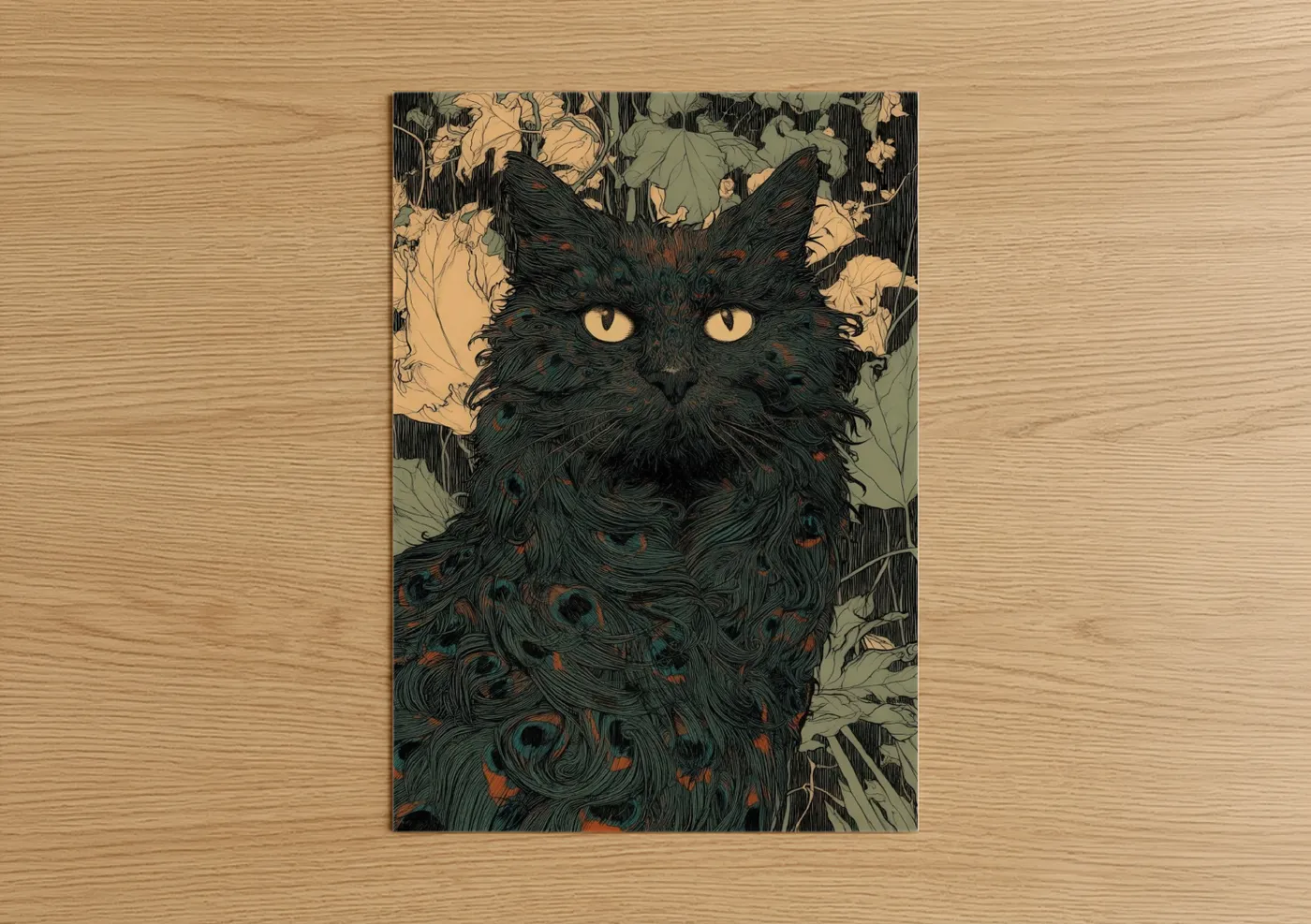 Black Cat Golden Eyes Autumn Leaves Wall Art