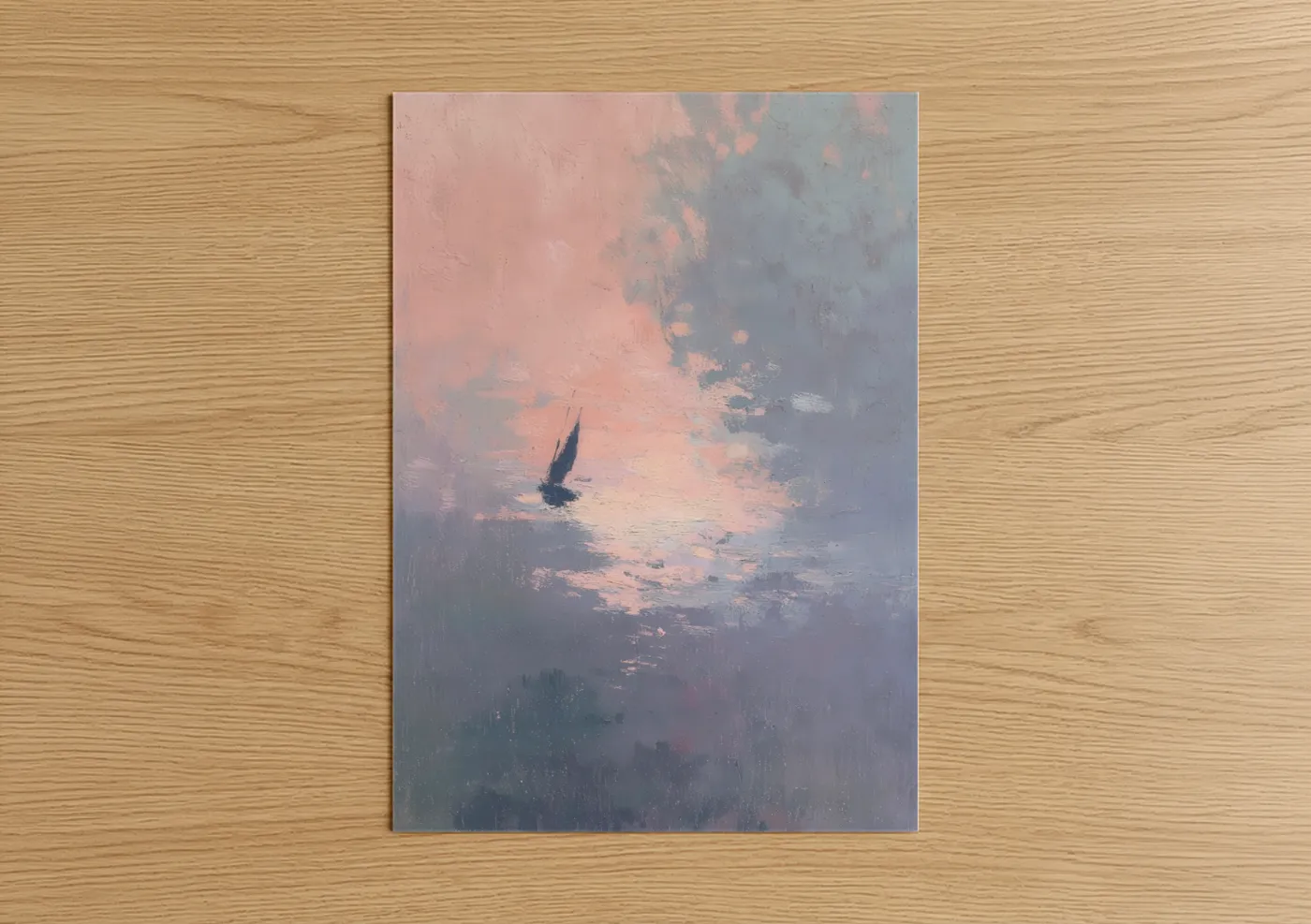 Windsurfing art print on warm oak wood — peach and dove gray palette — Solitary Windsurfer poster