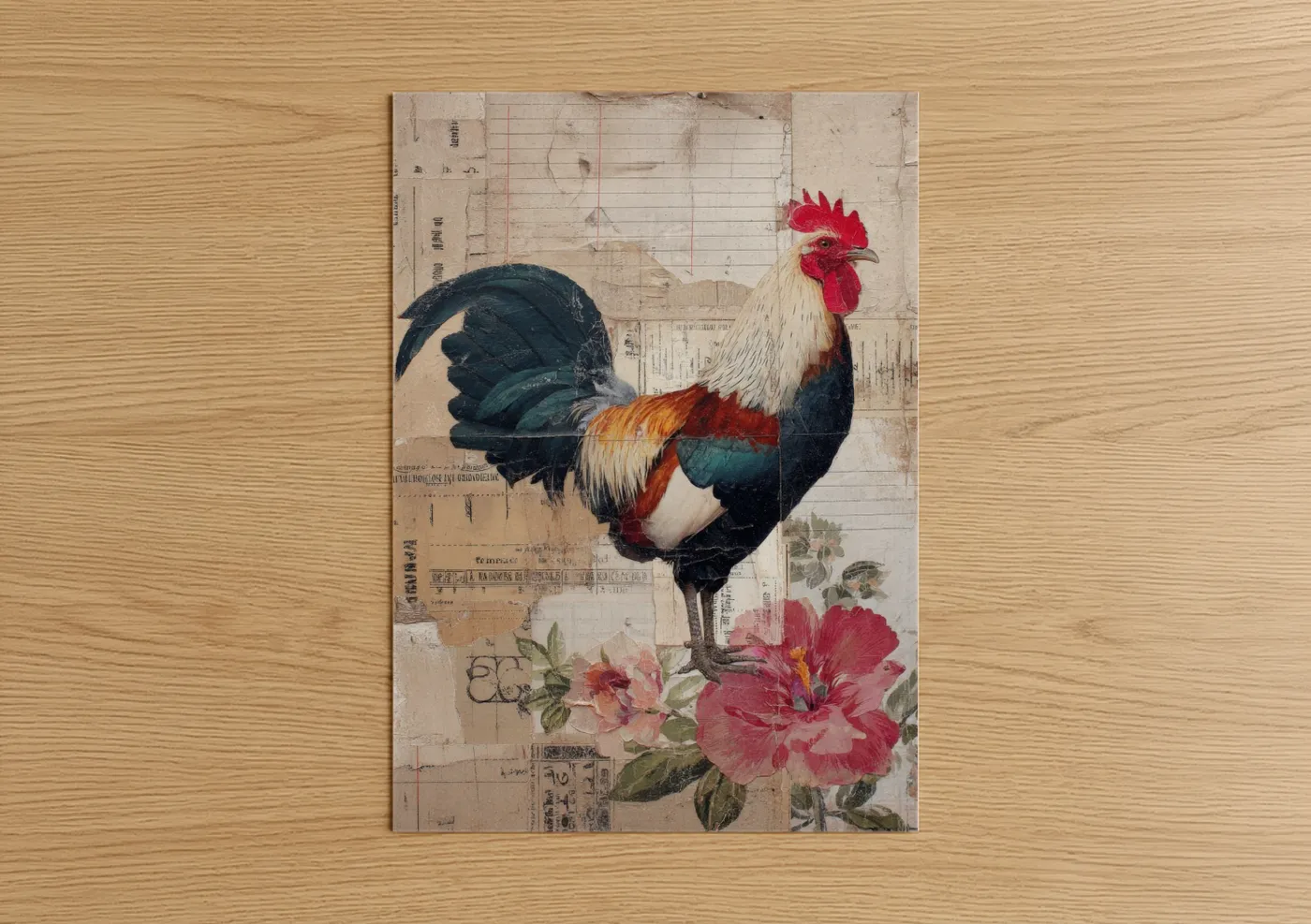 Vintage Rooster with Florals Mixed Media Wall Art
