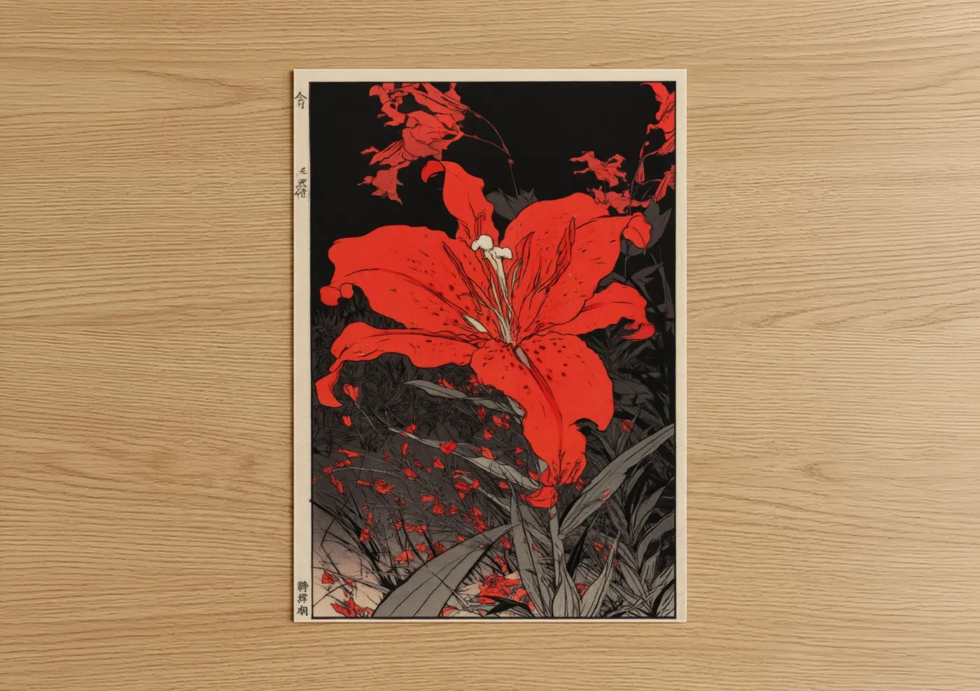 Crimson Amaryllys Japanese Woodblock Wall Art