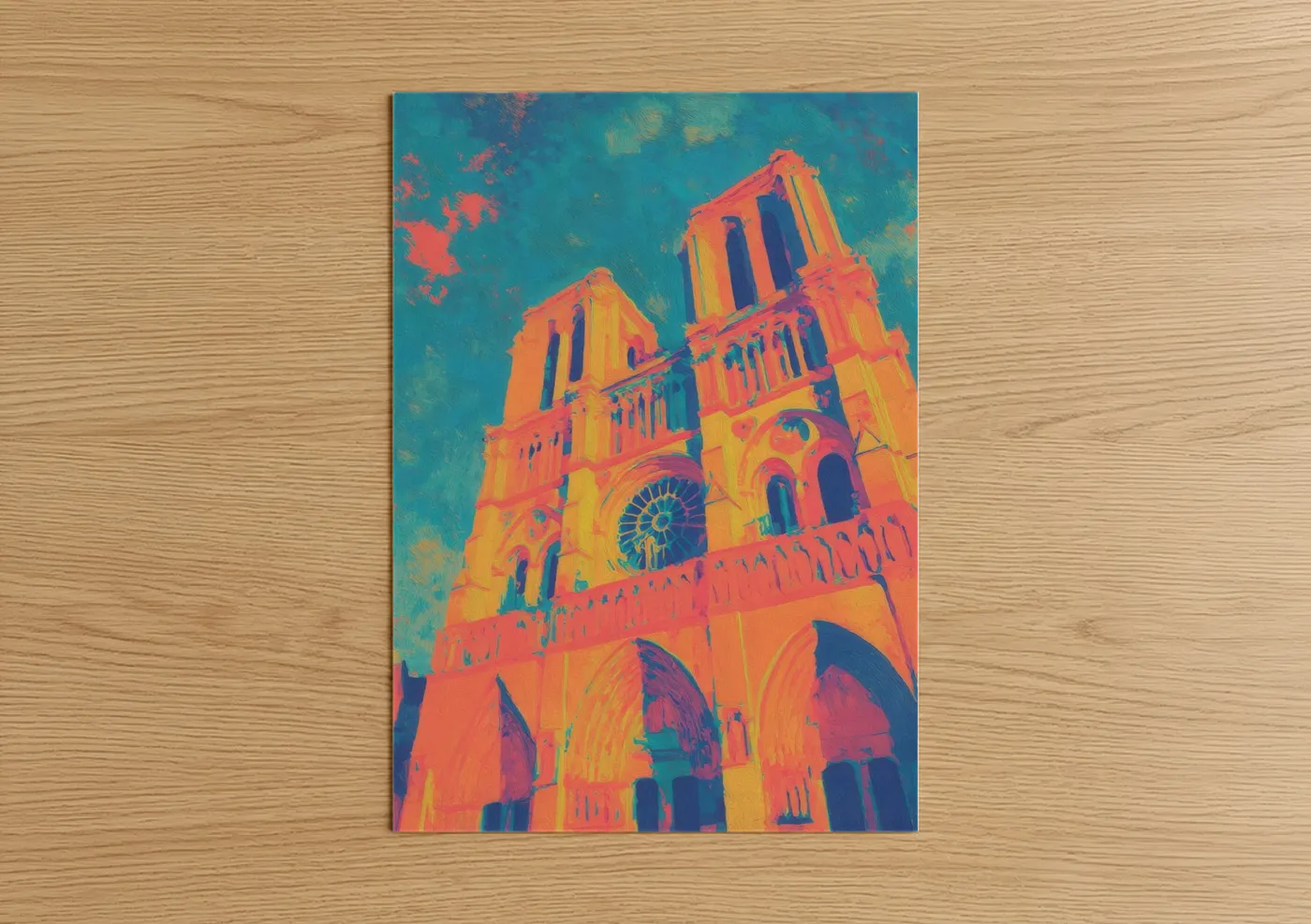 Notre dame art print on warm oak wood — blue and gold palette — Vibrant Notre-Dame poster