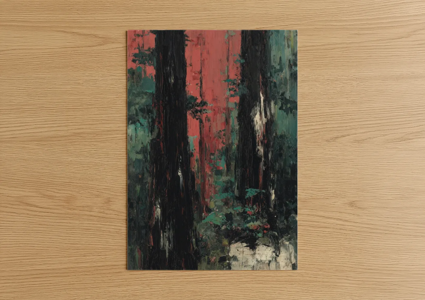 Redwood tree art print on warm oak wood — maroon and dark green palette — Crimson Redwood Forest poster