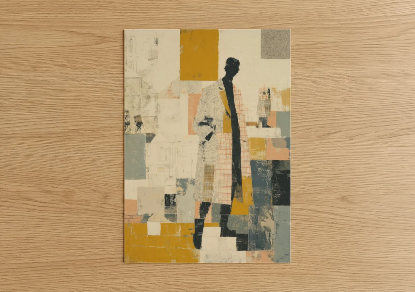Men's fashion art print on warm oak wood — mustard and cream palette — Abstract Gentleman poster