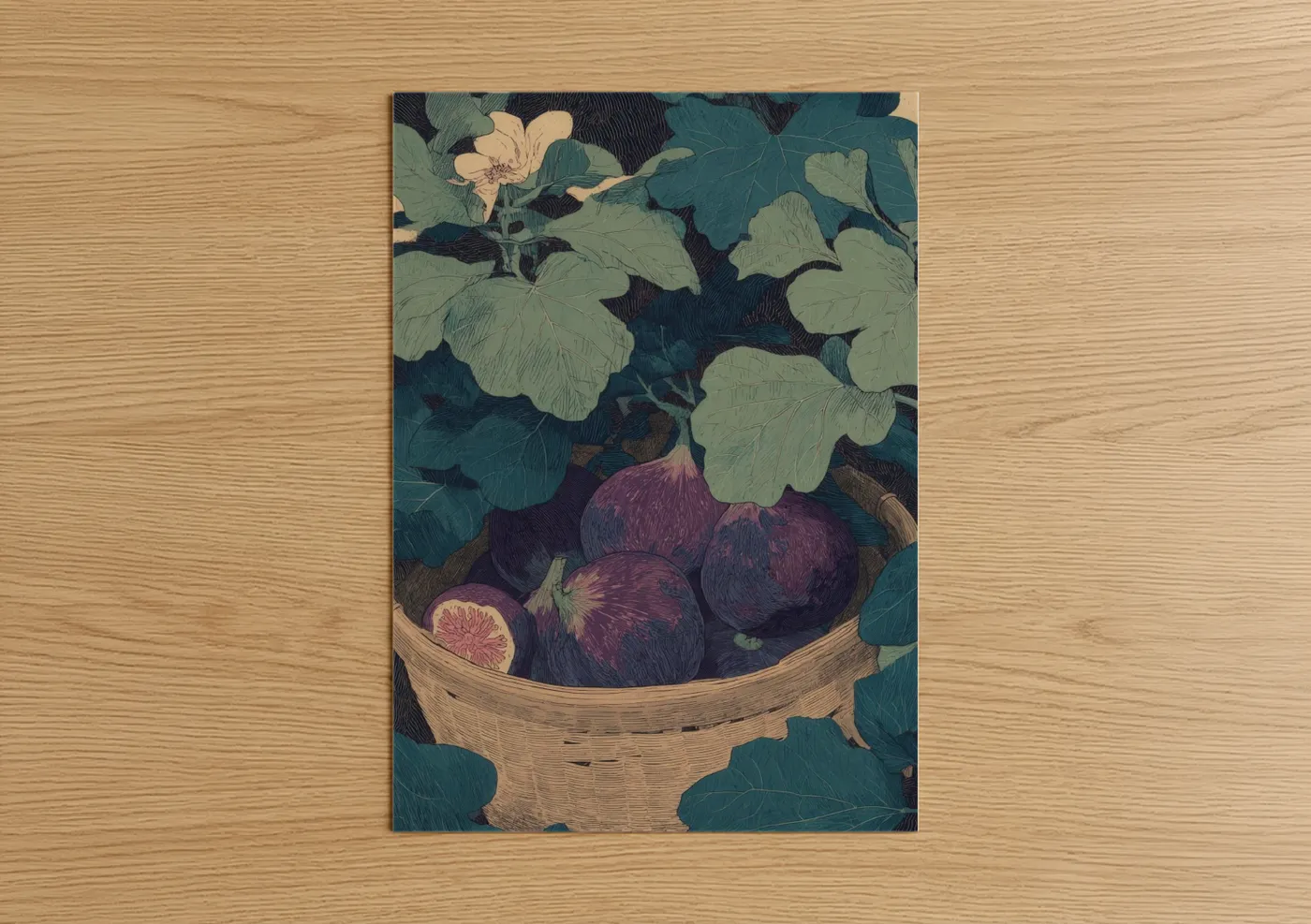 Fruit art print on warm oak wood — teal and sage green palette — Fig Harvest Basket poster