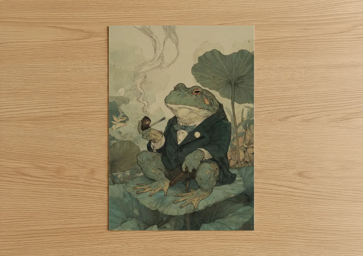 Frogs and toads art print on warm oak wood — sage green and cream palette — Gentleman Frog poster