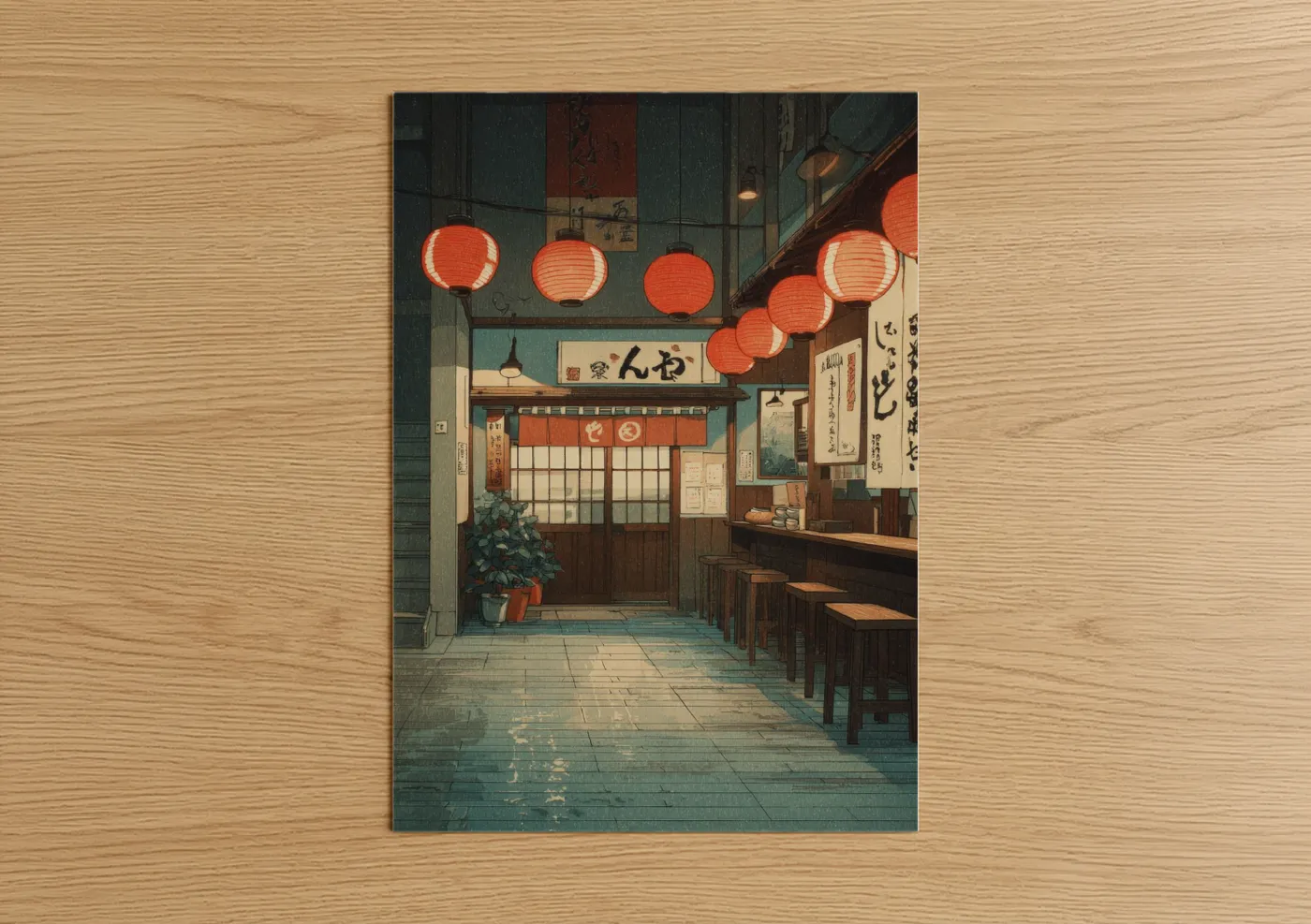 Store art print on warm oak wood — orange and teal palette — Lantern Noodle Shop poster