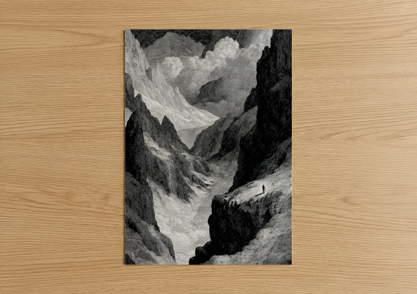 Art print on warm oak wood — black and white and gray palette — Alpine Glacier Canyon poster