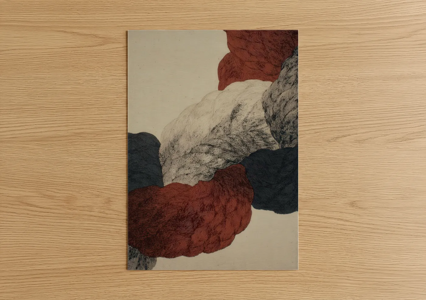 Art print on warm oak wood — russet and black and white palette — Crimson Rope Knots poster