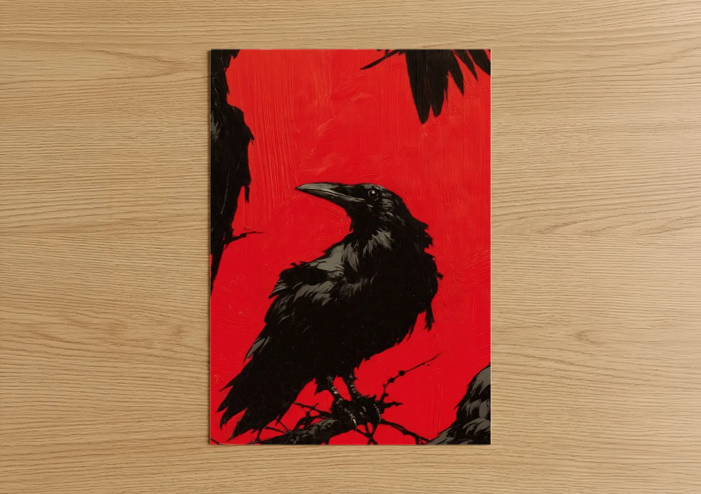 Black Raven Red Background Modern Wall Art