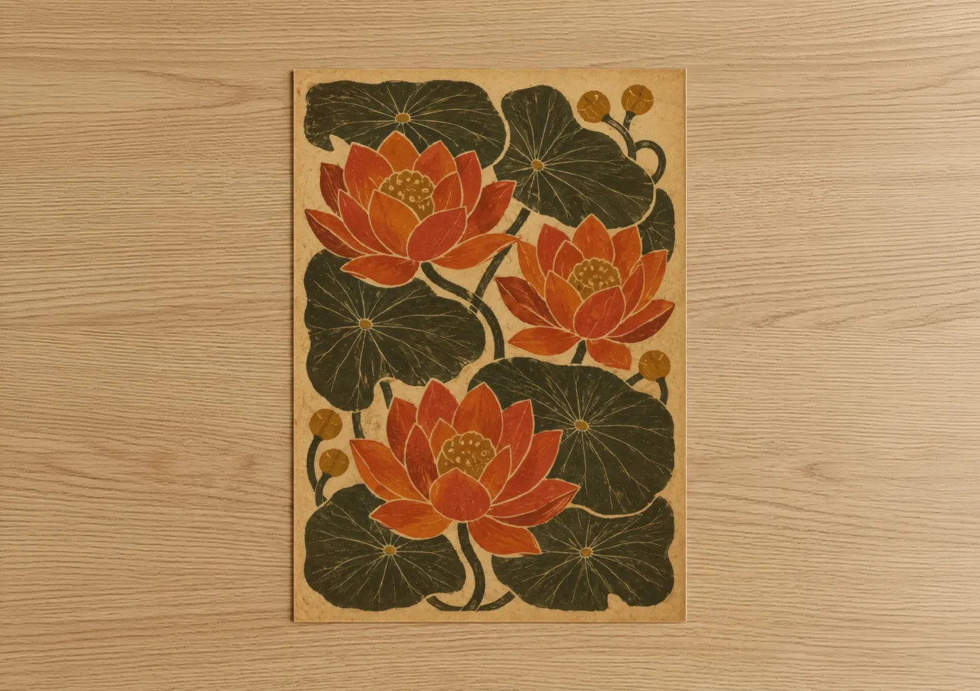 Art print on warm oak wood — orange and beige palette — Lotus Flowers Japanese Botanical Wall Art poster