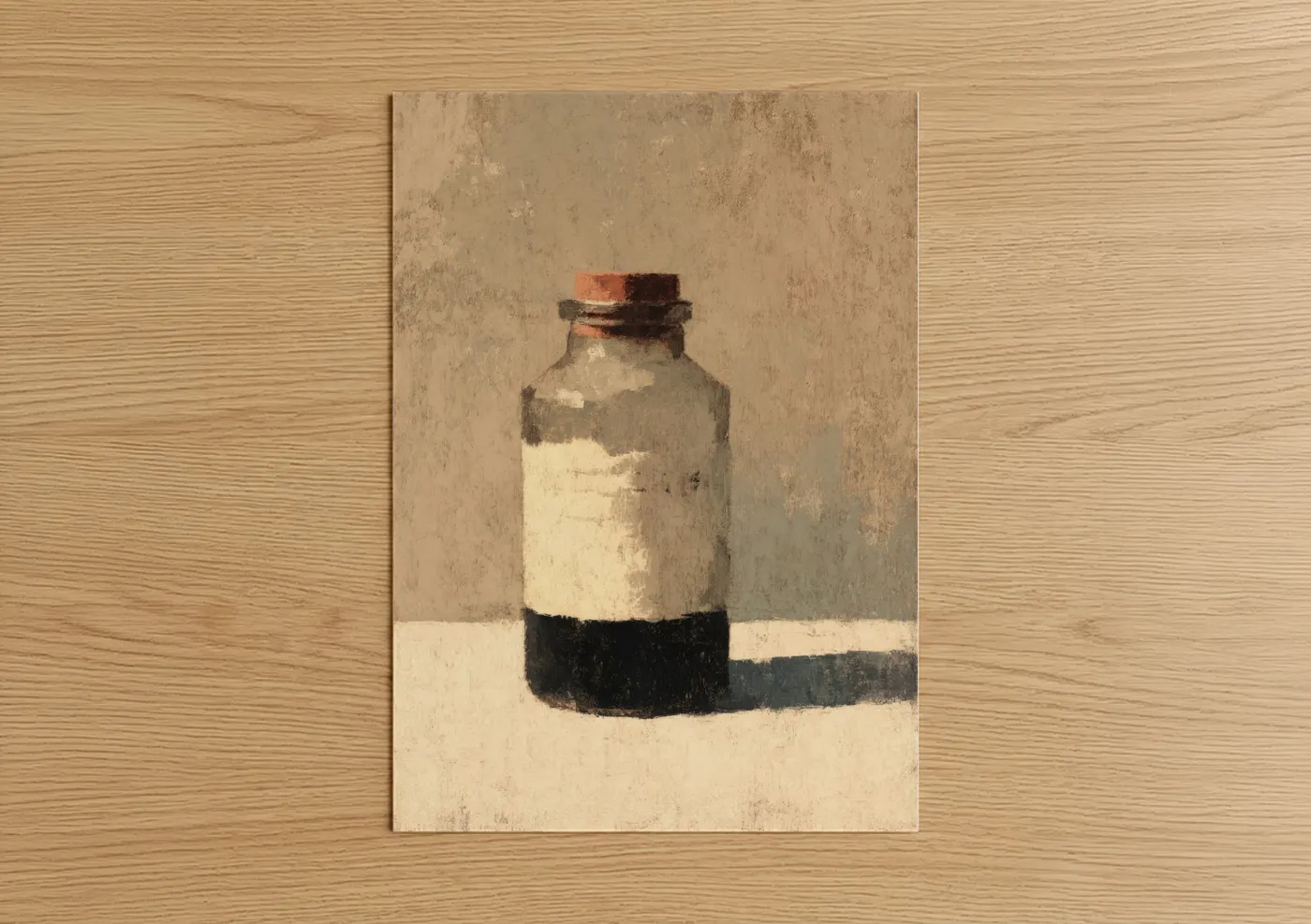 Condiments art print on warm oak wood — beige and black palette — Vintage Medicine Bottle poster