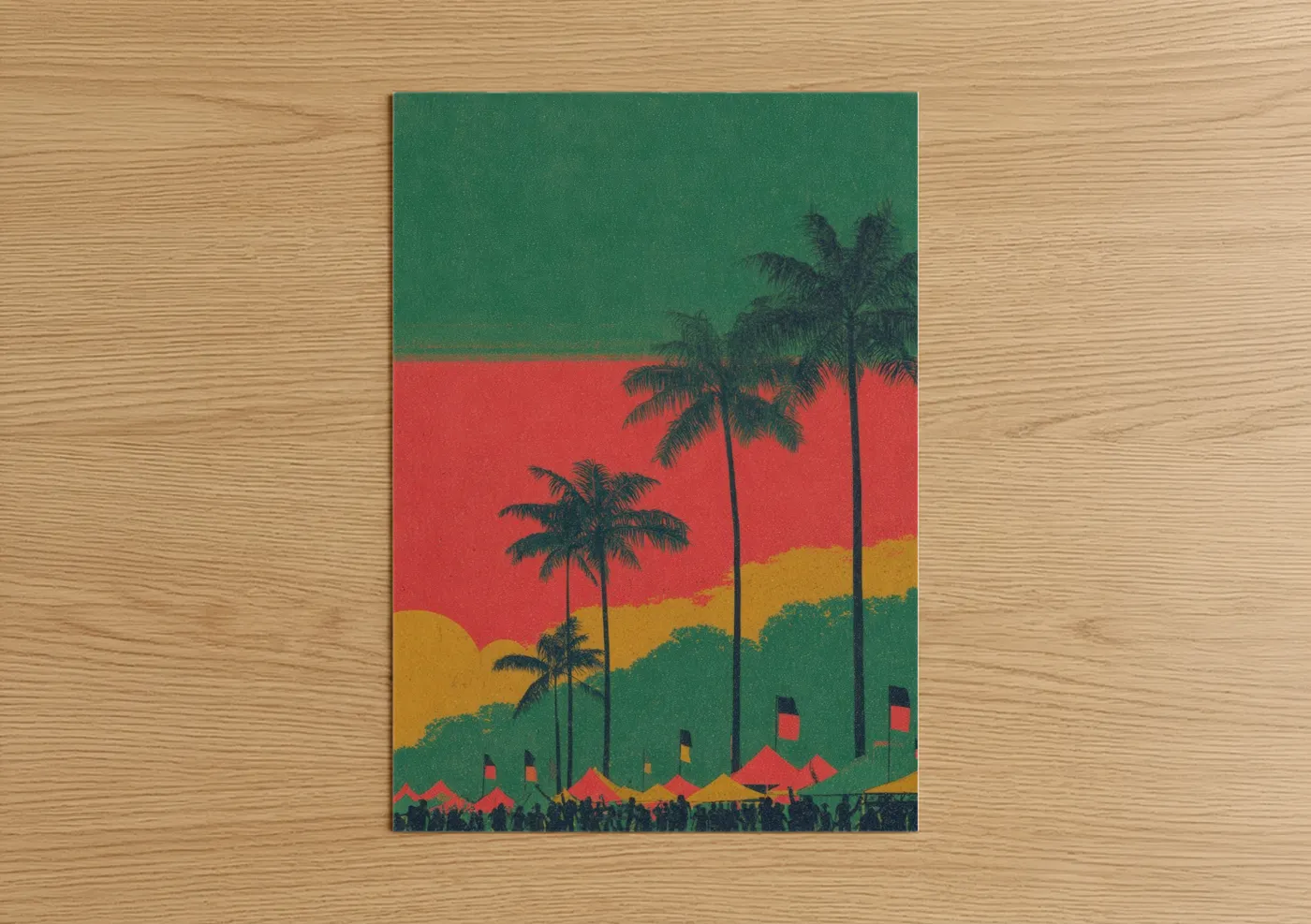 Art print on warm oak wood — true green and red palette — Reggae Festival Vibes poster