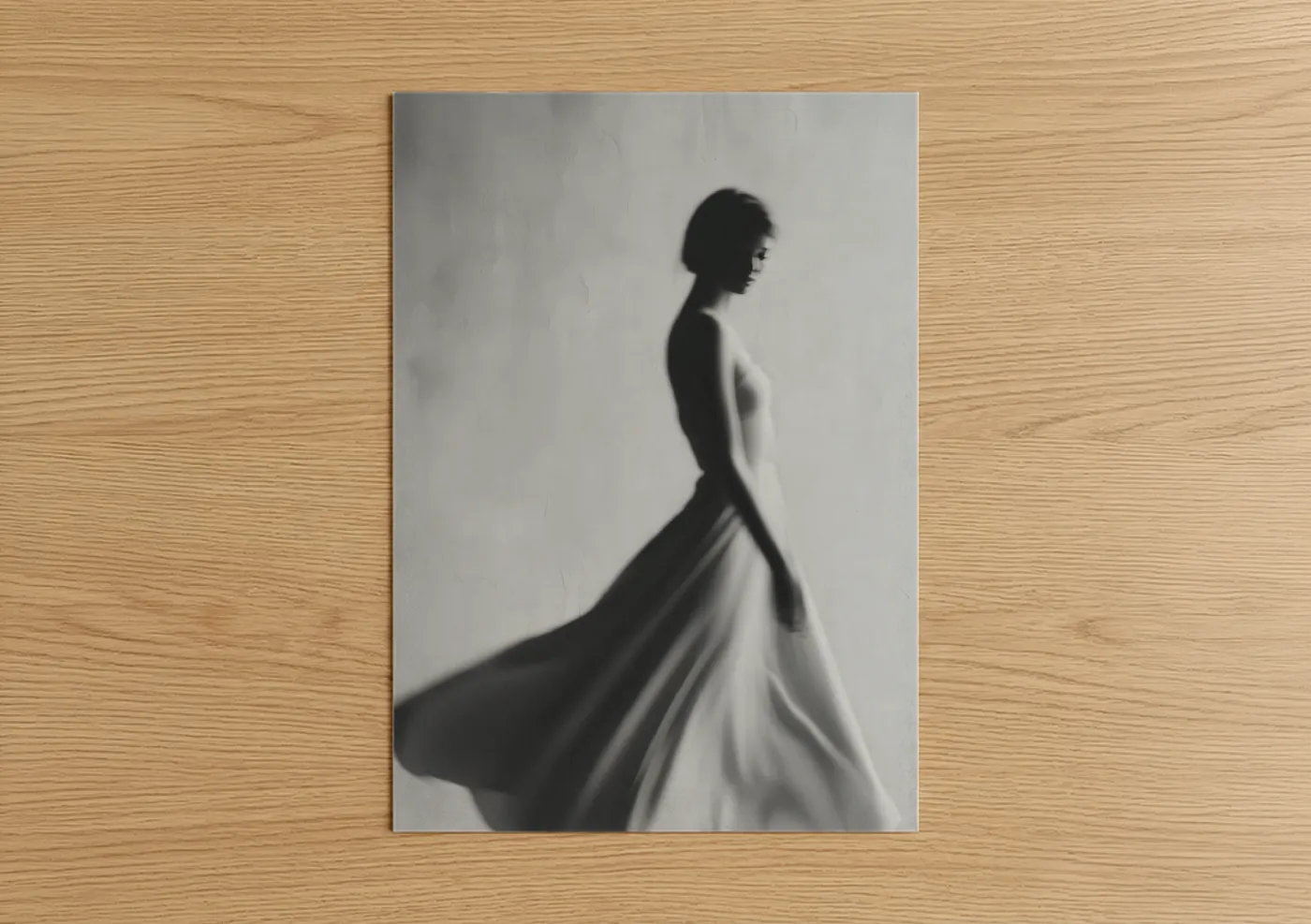 Women's fashion art print on warm oak wood — black and white palette — Elegant Evening Silhouette poster