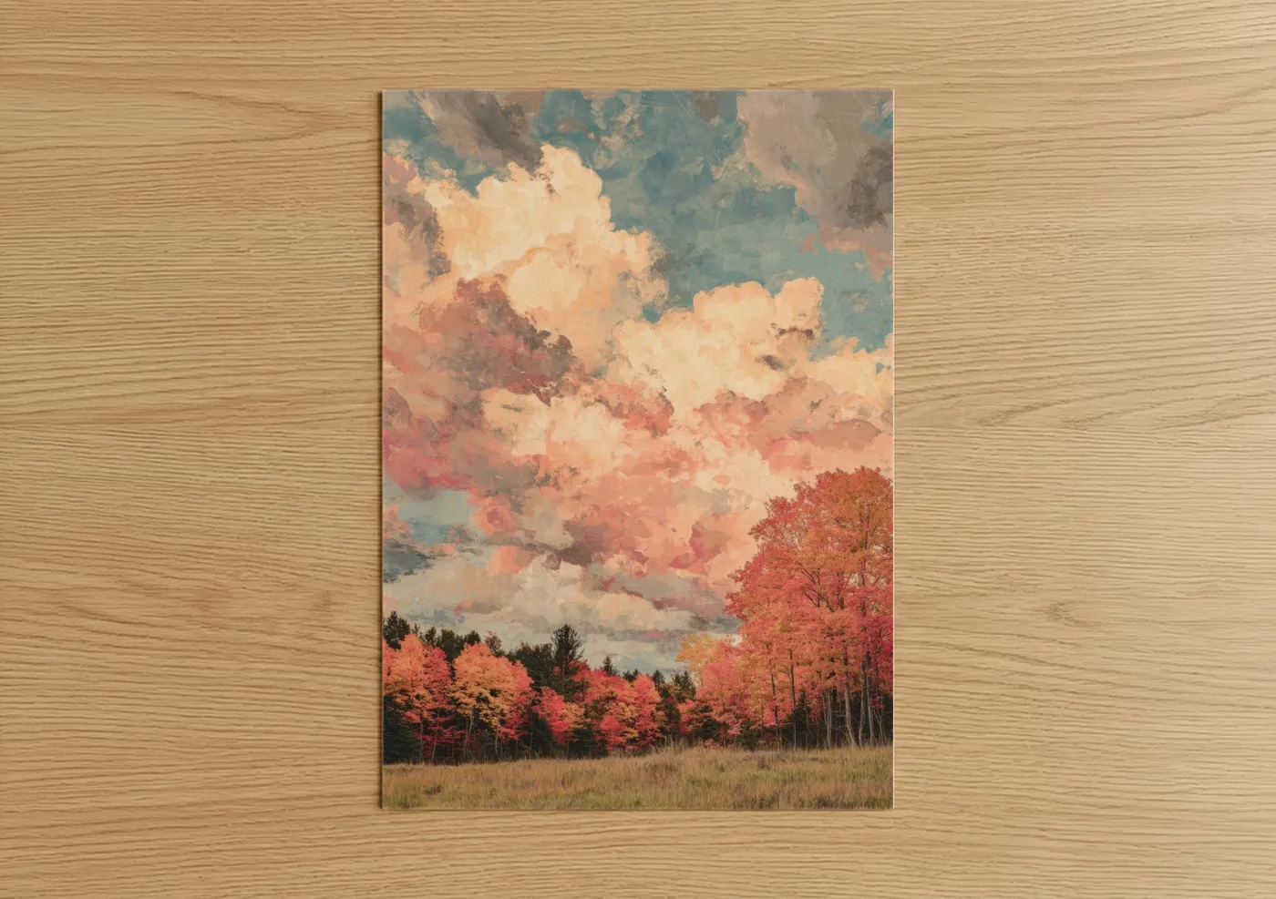 Maple forest art print on warm oak wood — peach and teal palette — Crimson Maple Sunset poster