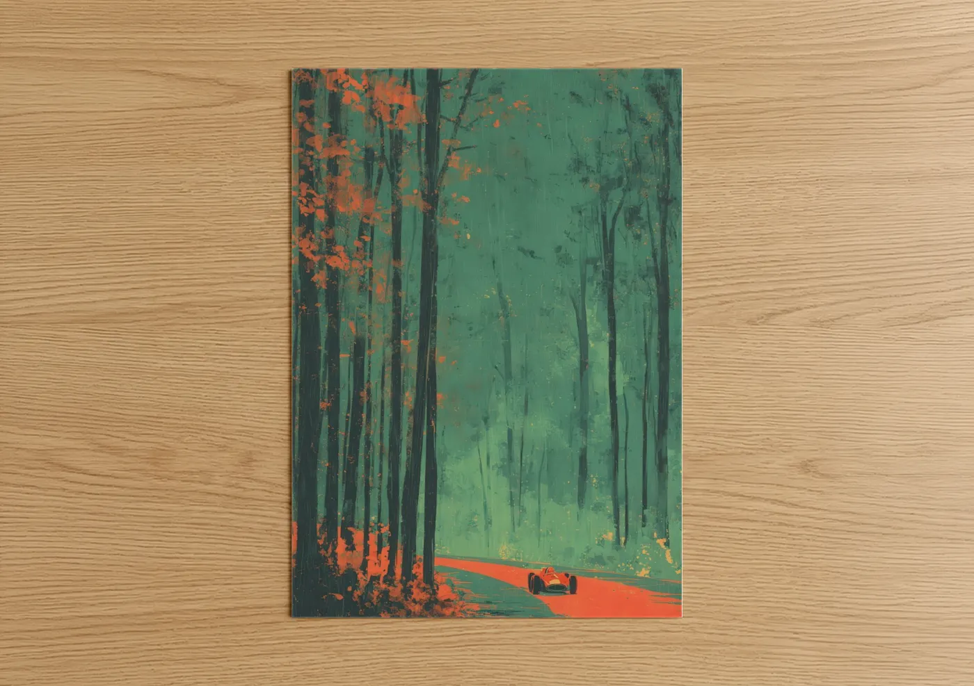 Red Race Car Forest Track Illustration Wall Art