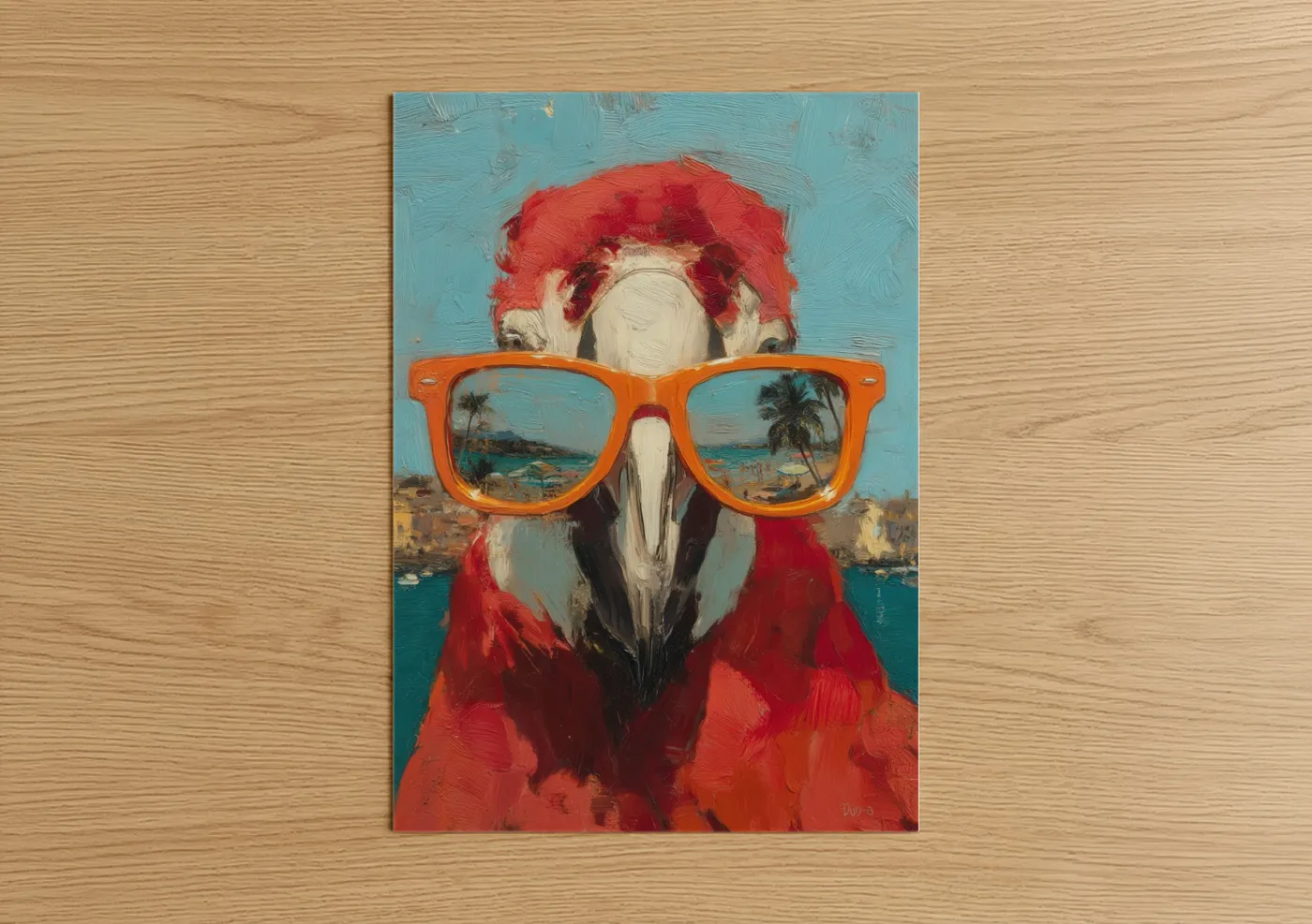 Art print on warm oak wood — red and blue and white palette — Tropical Macaw Cool poster