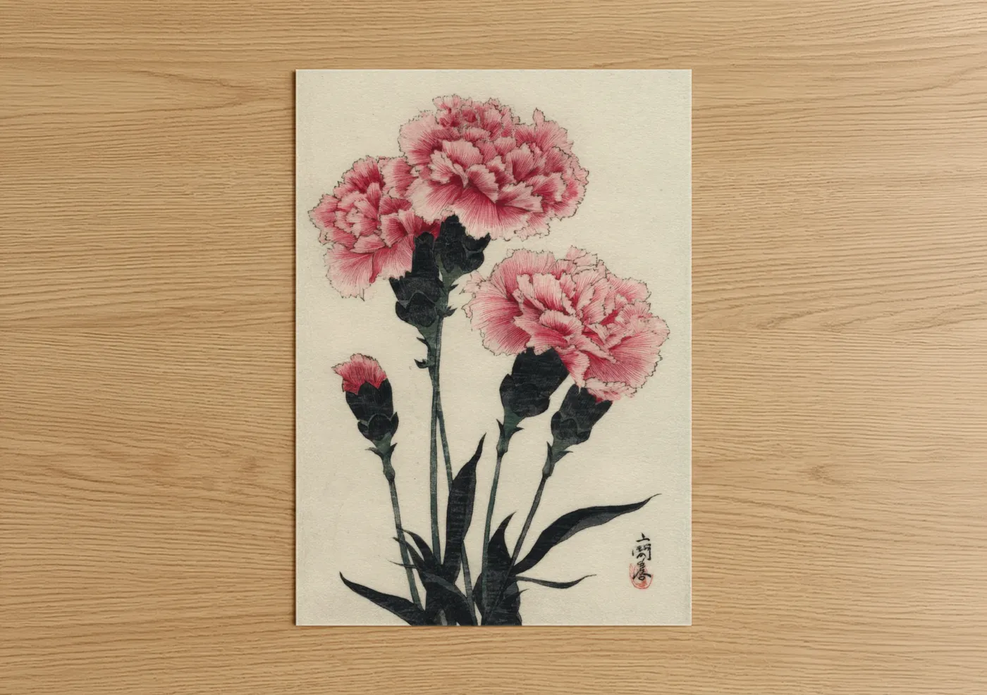 Pink Carnation Trio Japanese Botanical Wall Art