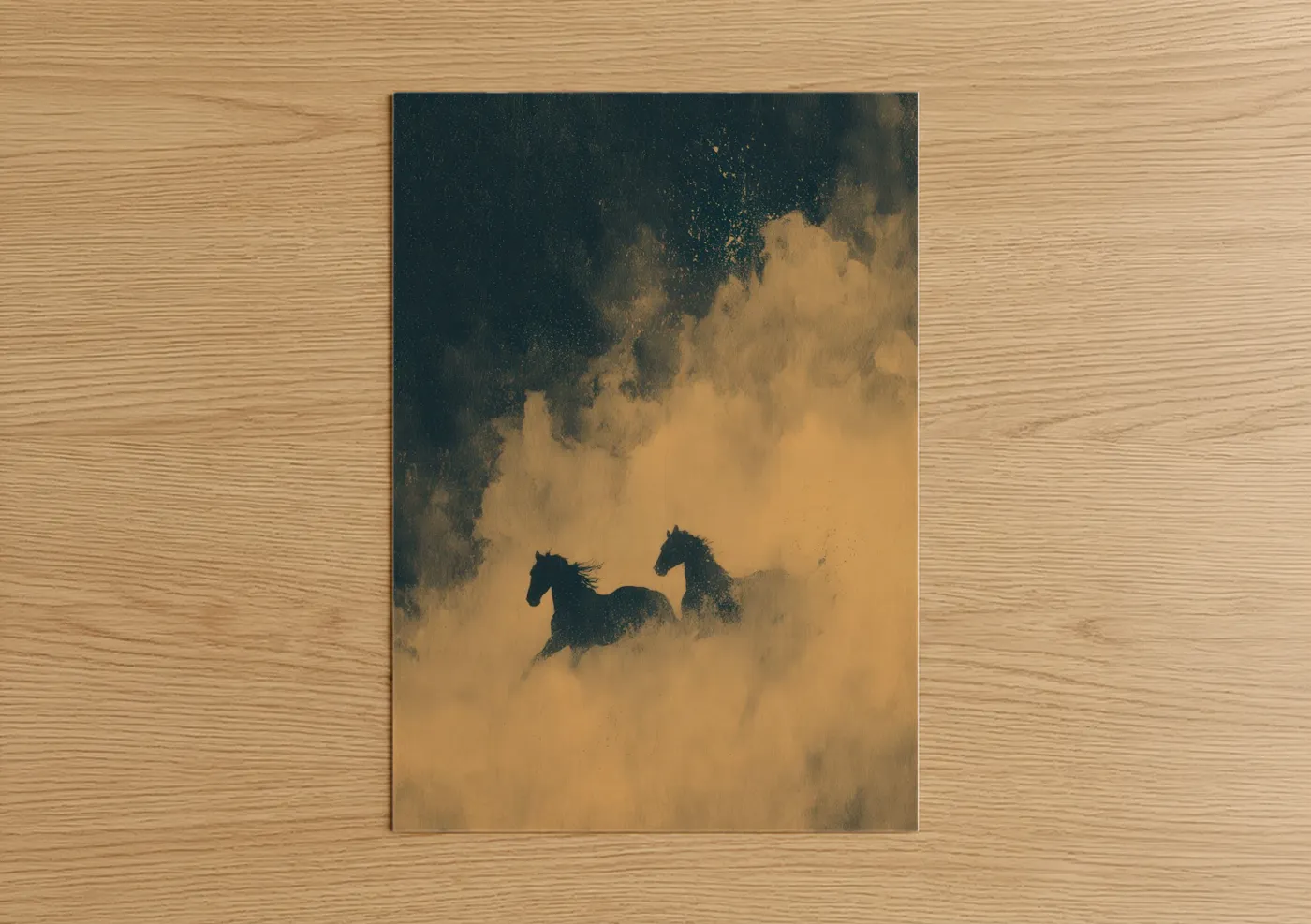 Horse racing art print on warm oak wood — gold and dark blue palette — Desert Racers poster