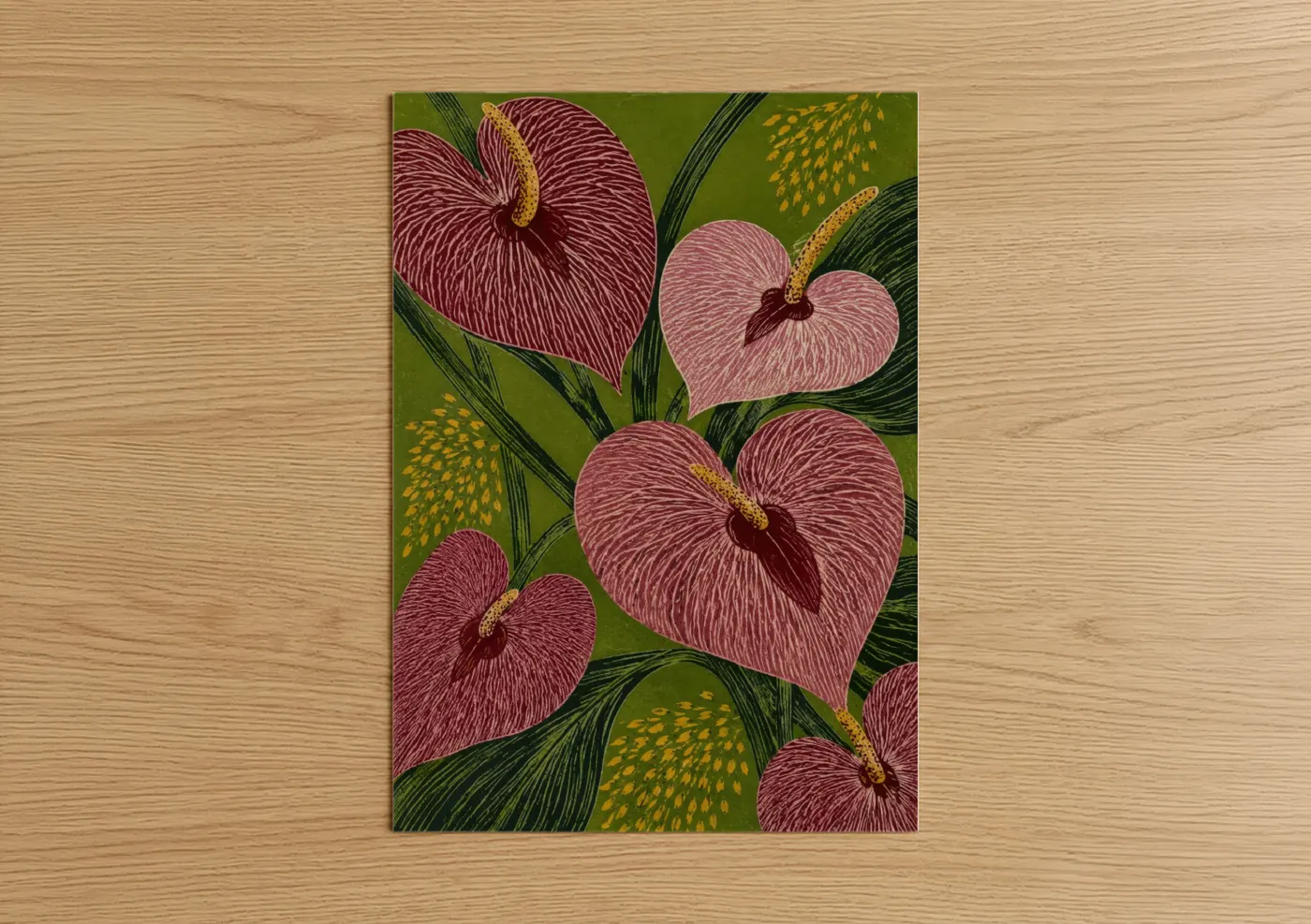 Flower art print on warm oak wood — maroon and olive palette — Pink Anthurium Botanical Wall Art poster
