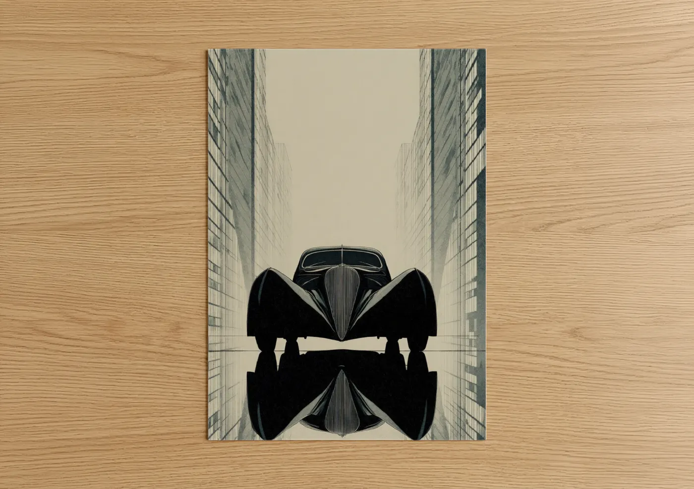 Classic car art print on warm oak wood — black and white and gray palette — Urban Classic poster
