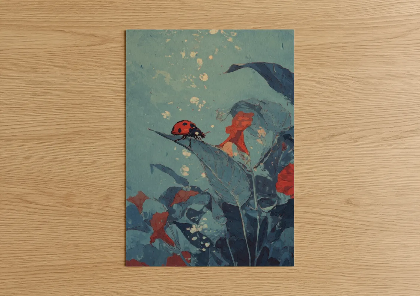 Crimson Ladybug Botanical Illustration Wall Art