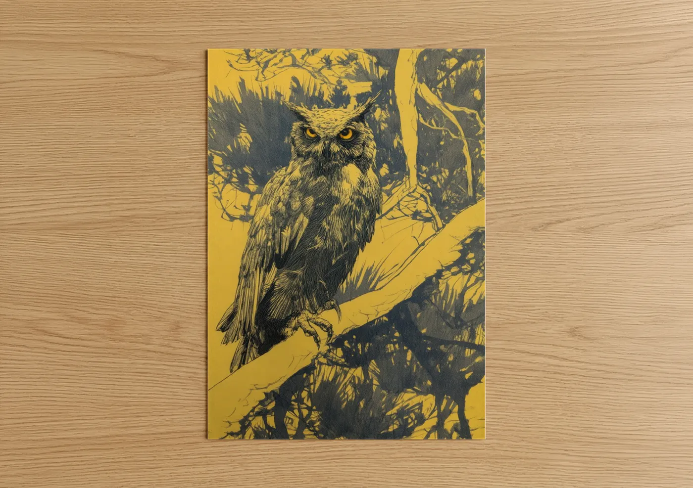 Art print on warm oak wood — yellow gold and black and white palette — Golden Owl poster