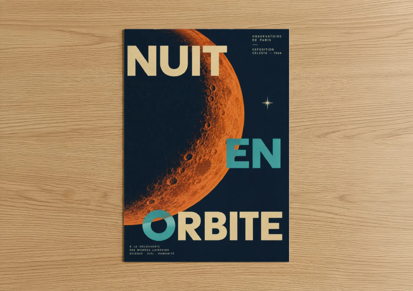 Art print on warm oak wood — orange and teal palette — Vintage Moon Observatory Wall Art poster