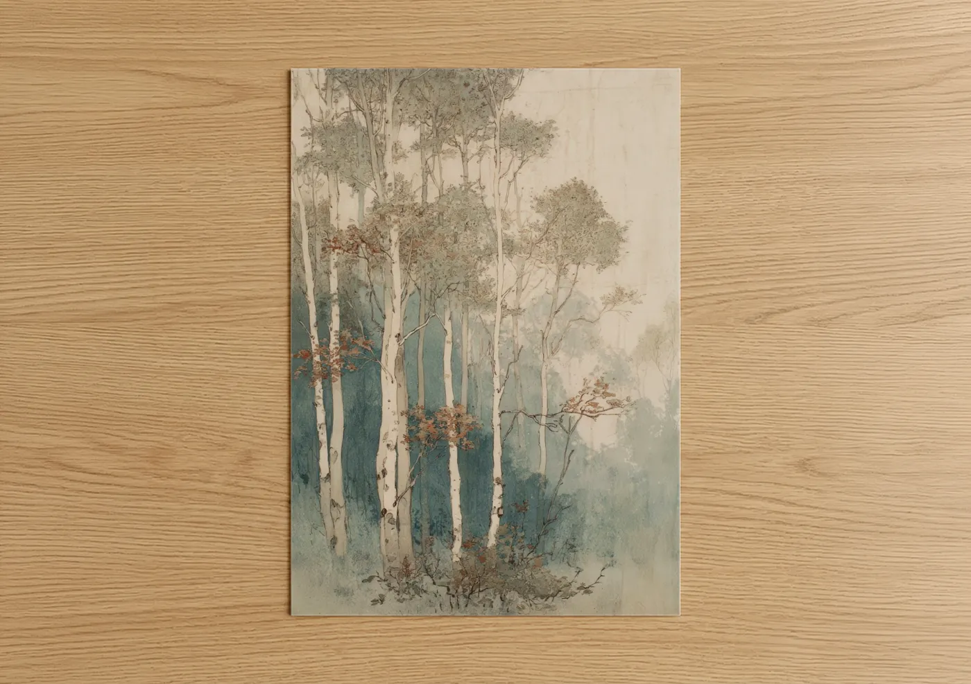 Birch tree art print on warm oak wood — dove gray and teal palette — Misty Birch Forest poster