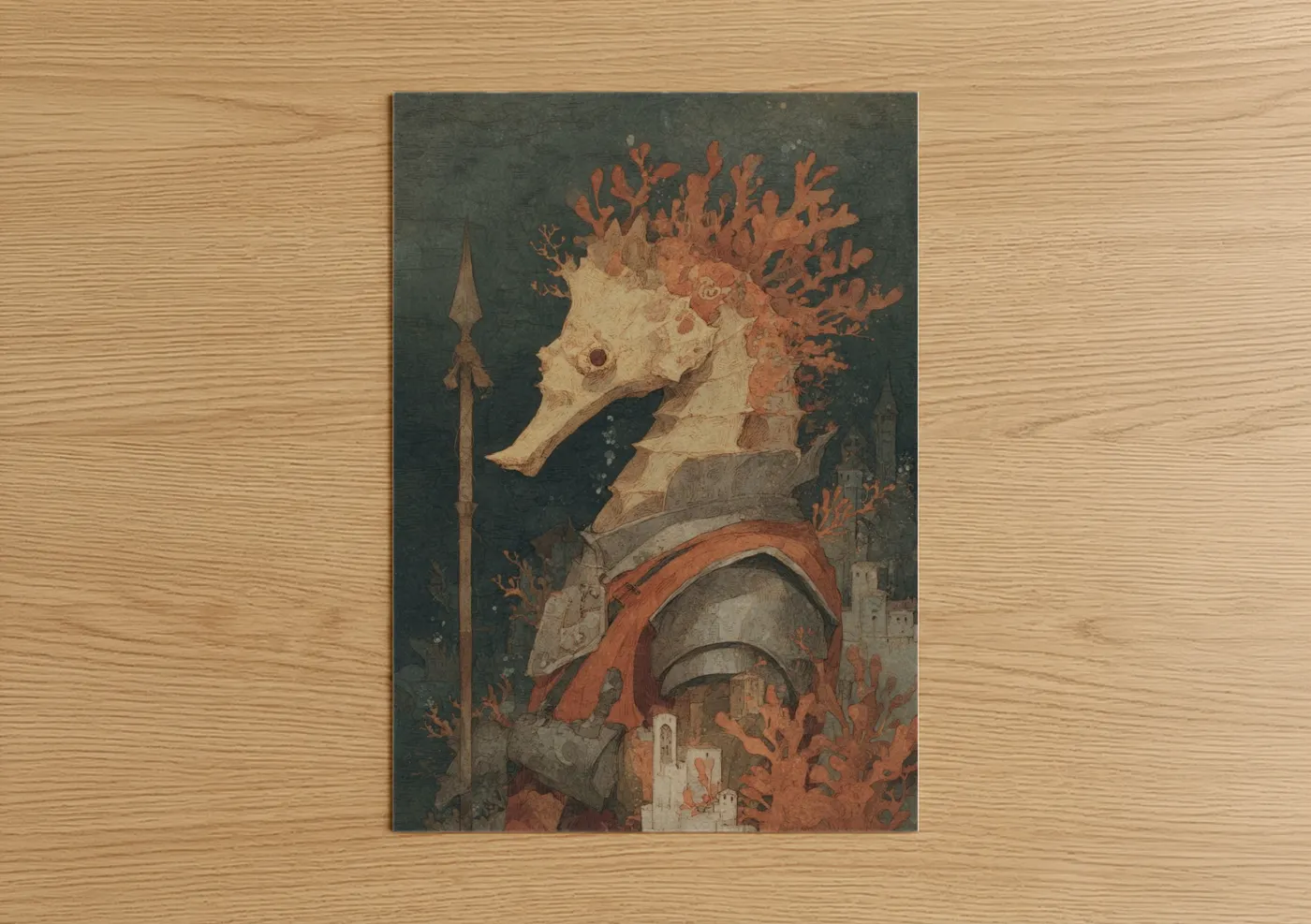 Coral Sea Horse Fantasy Art Illustration Wall Art