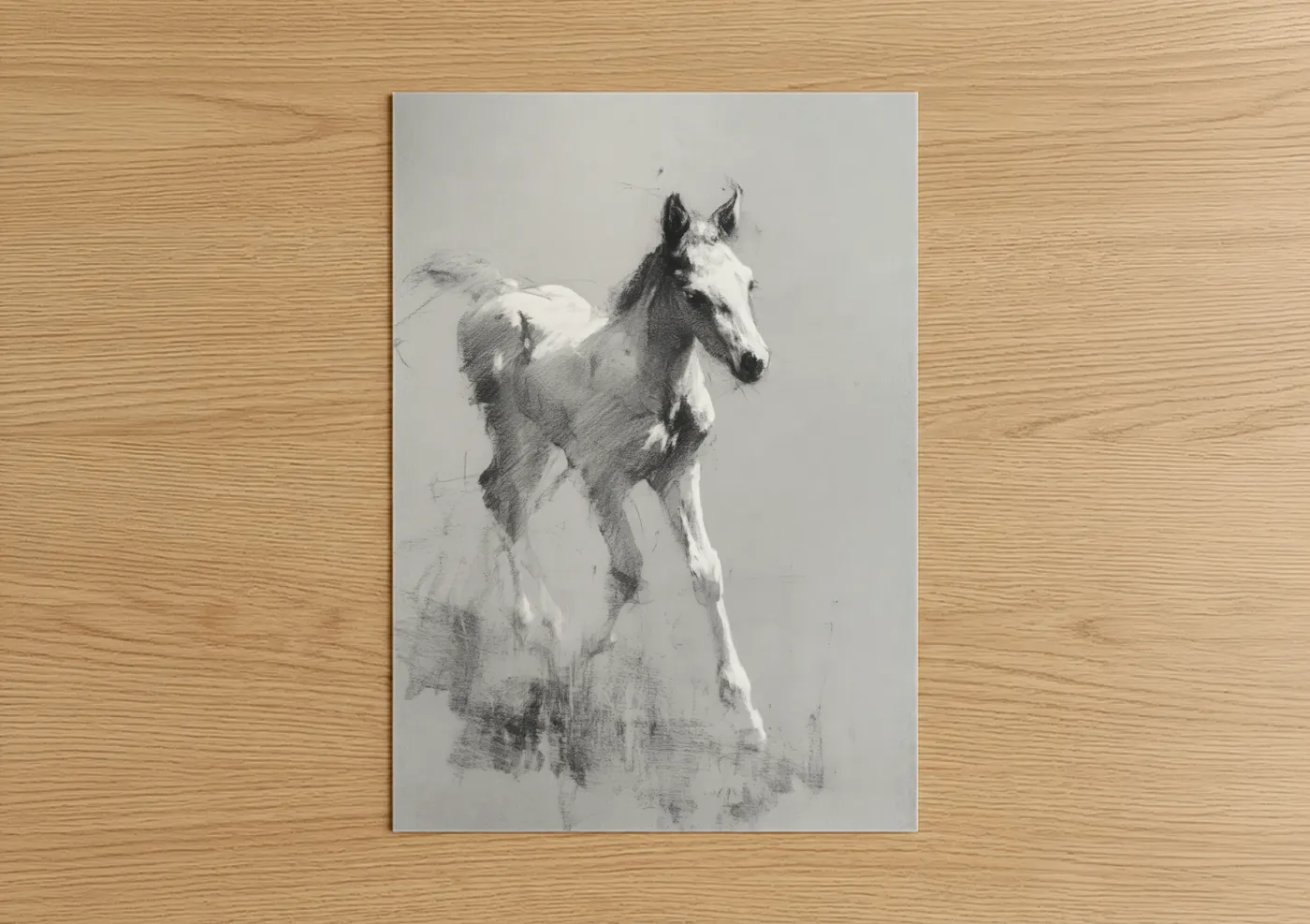 Thoroughbred horse art print on warm oak wood — black and white and gray palette — Elegant Thoroughbred poster