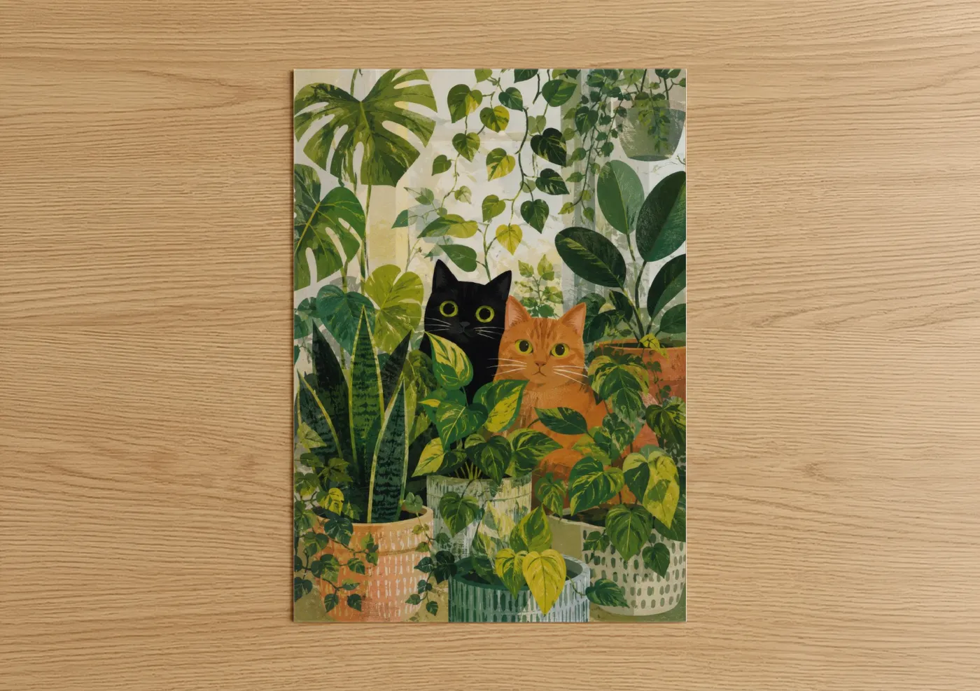 Art print on warm oak wood — green and lime green palette — Cats Among Houseplants Wall Art poster