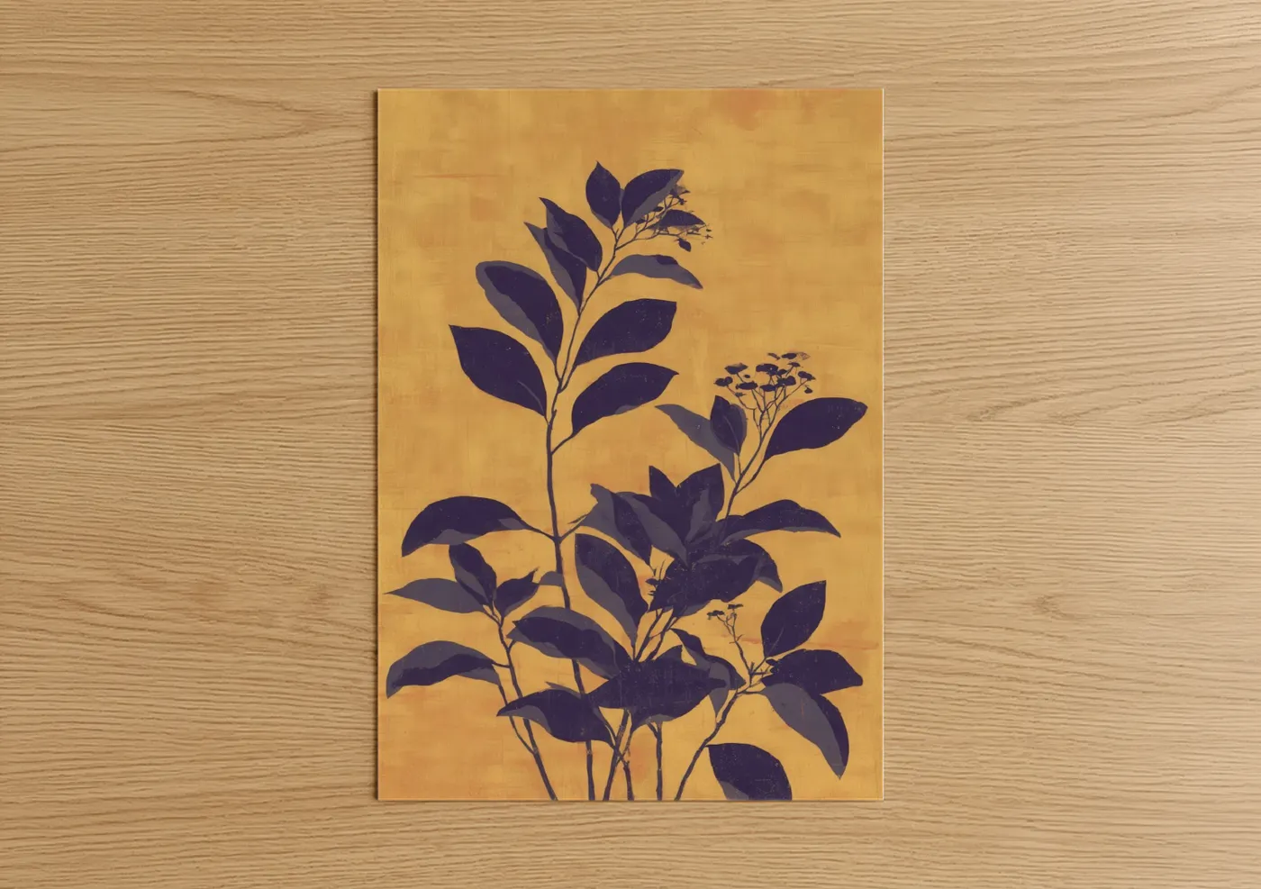 Art print on warm oak wood — gold and black palette — Golden Violets poster
